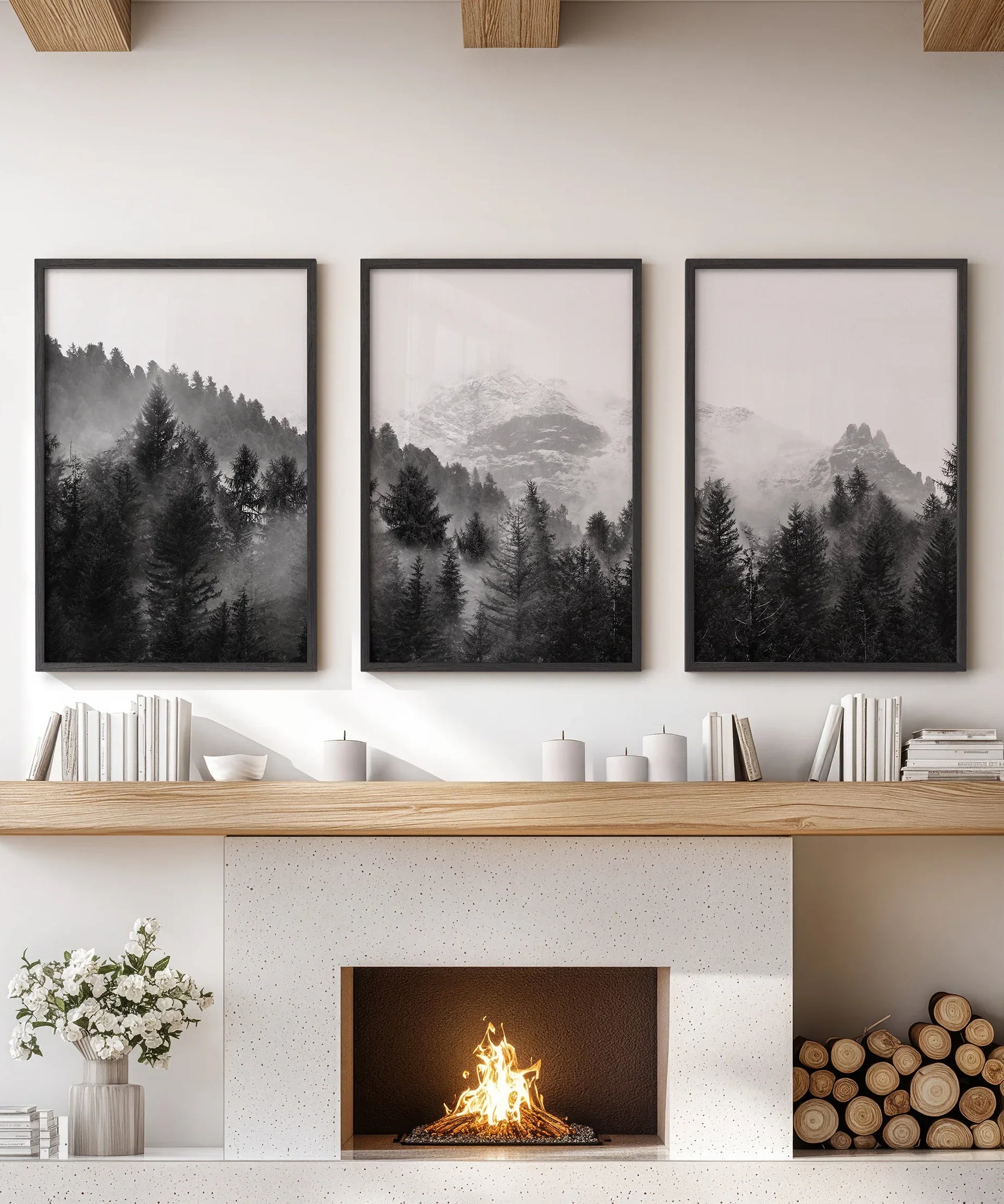 Black White Forest Triptych. Misty Mountains Nature Posters