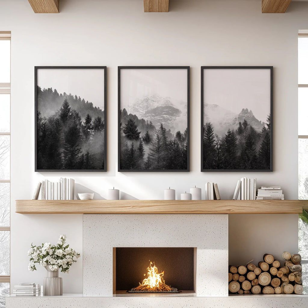 Black White Forest Triptych. Misty Mountains Nature Posters