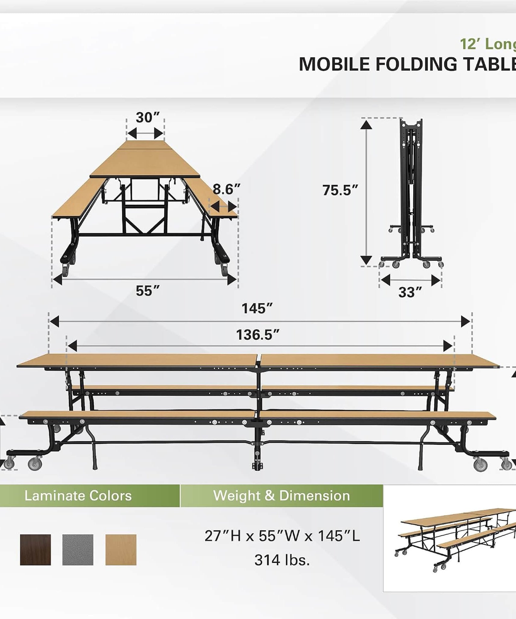 Mobile School Cafeteria Table With Benches And Lift Assist System (SAK39215)