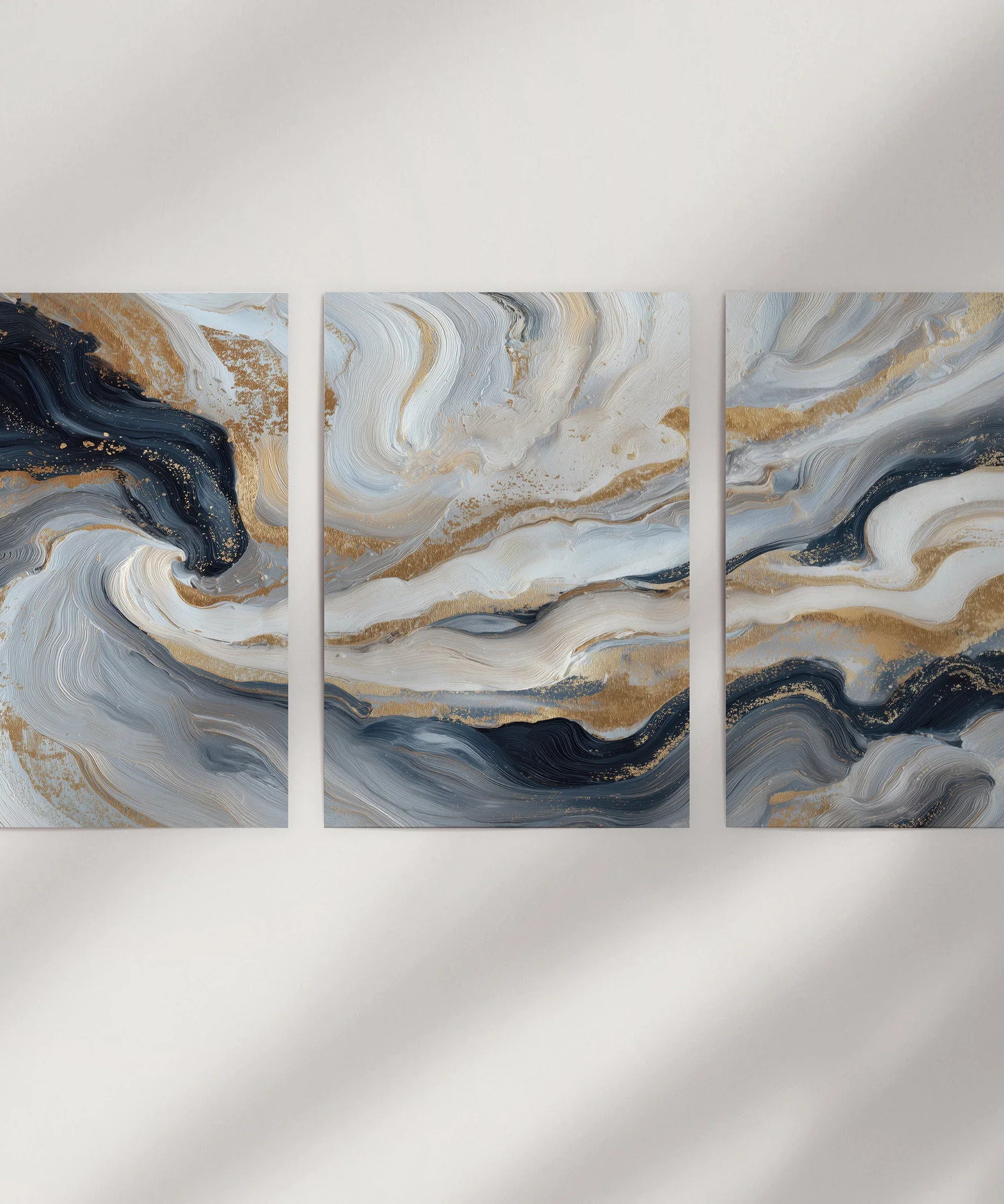 3 Piece Modern Abstract Marble Wall Art: Navy Blue and Gold