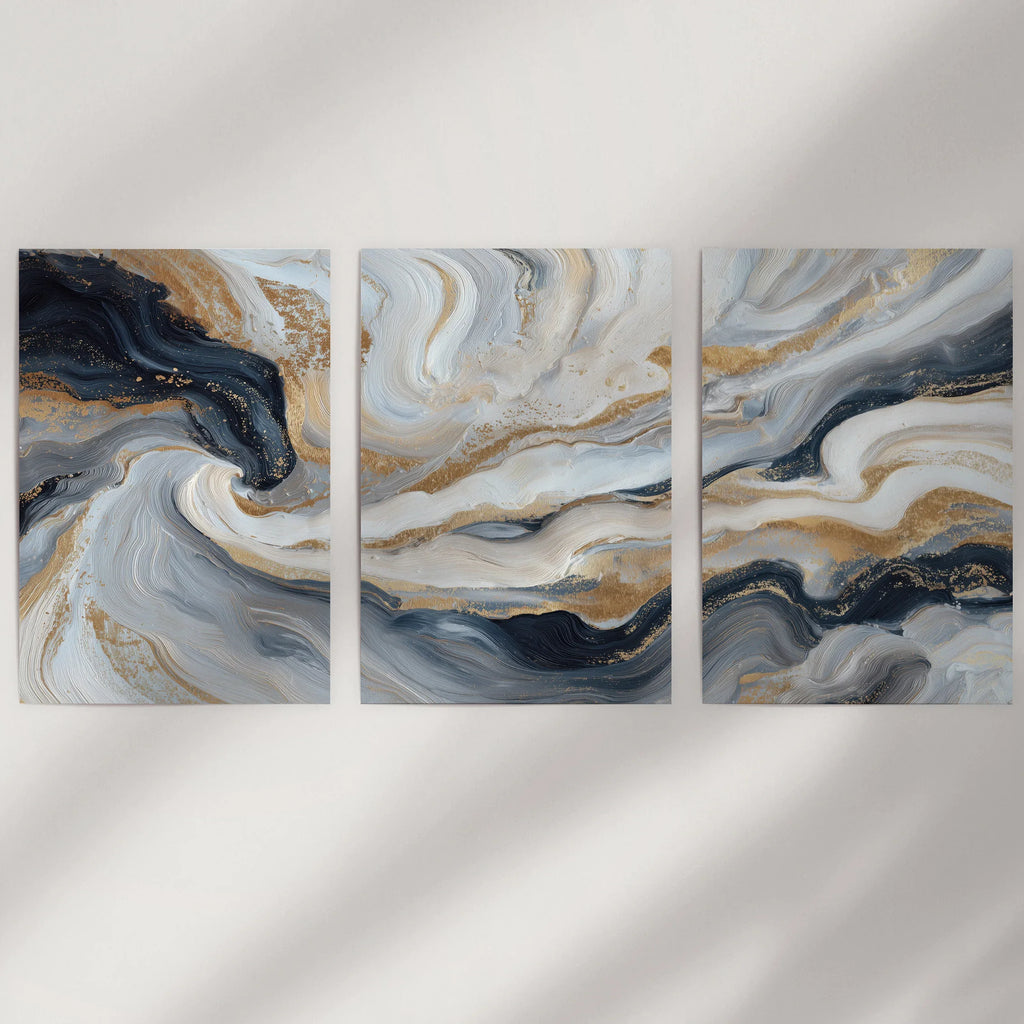 3 Piece Modern Abstract Marble Wall Art: Navy Blue and Gold