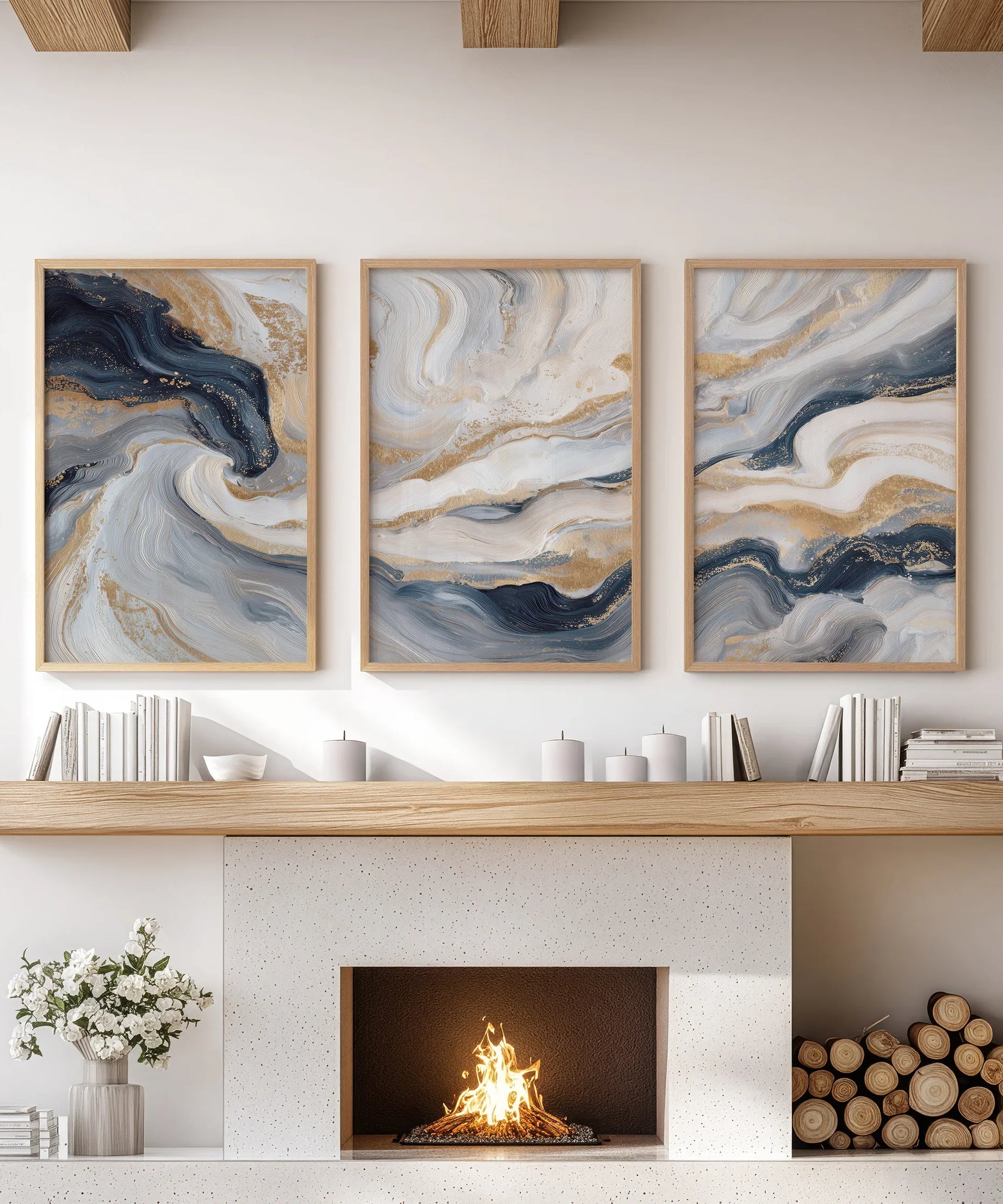 3 Piece Modern Abstract Marble Wall Art: Navy Blue and Gold