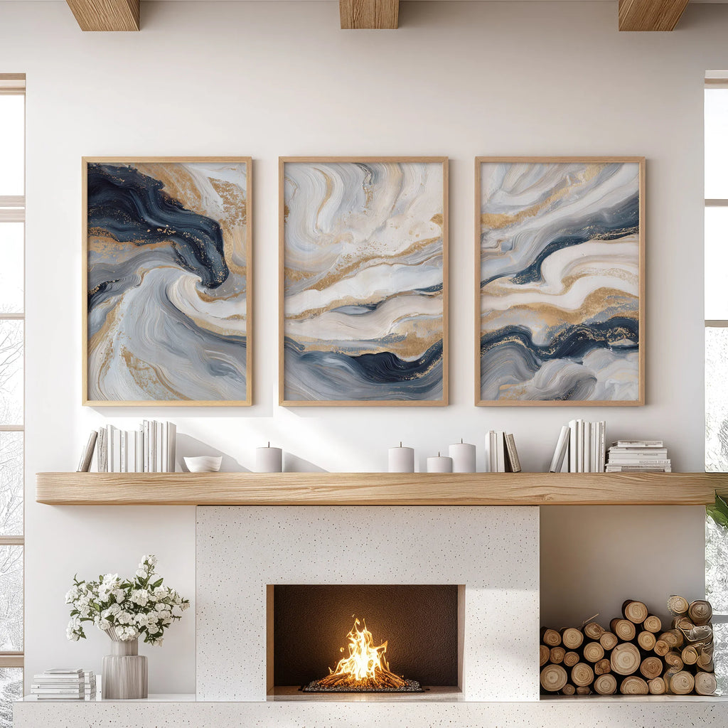 3 Piece Modern Abstract Marble Wall Art: Navy Blue and Gold