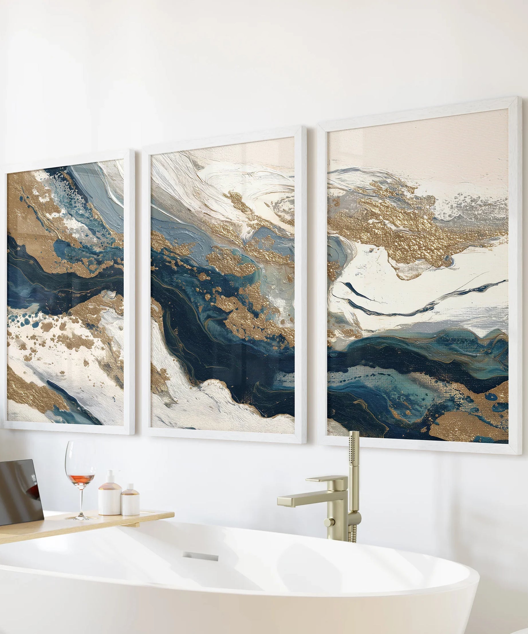 Gold & Blue Brush Strokes. Luxury 3 Piece Abstract Wall Art
