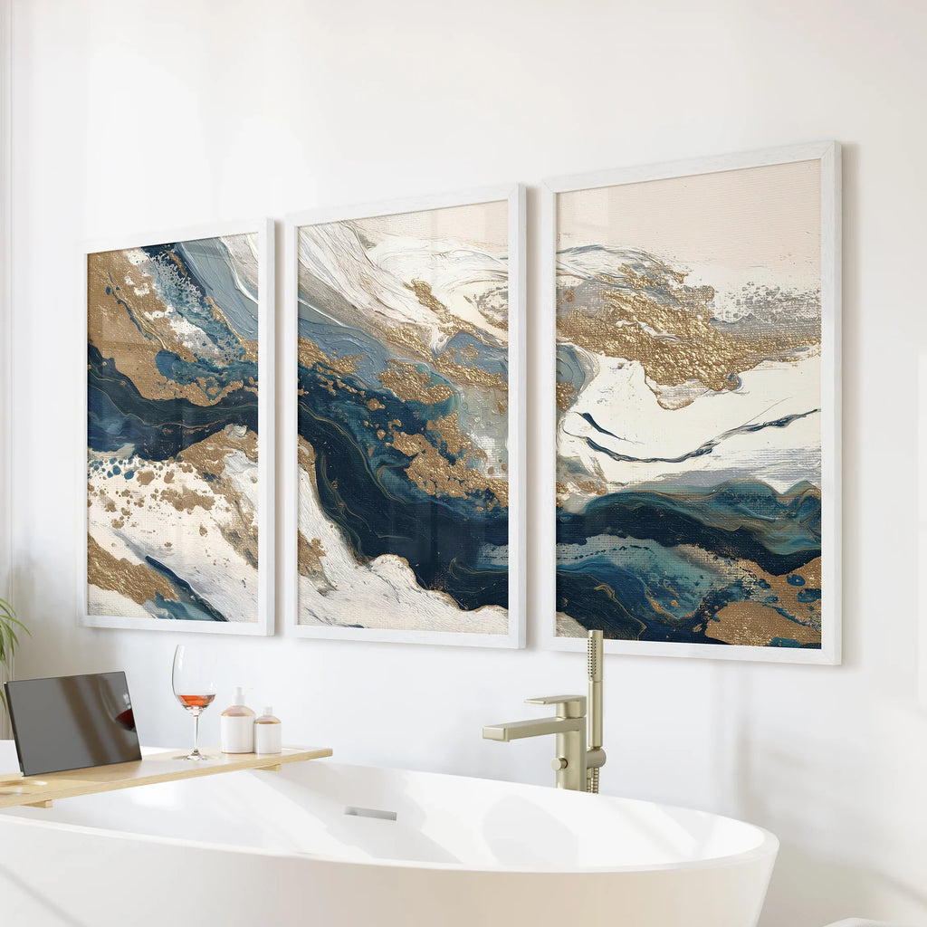Gold & Blue Brush Strokes. Luxury 3 Piece Abstract Wall Art