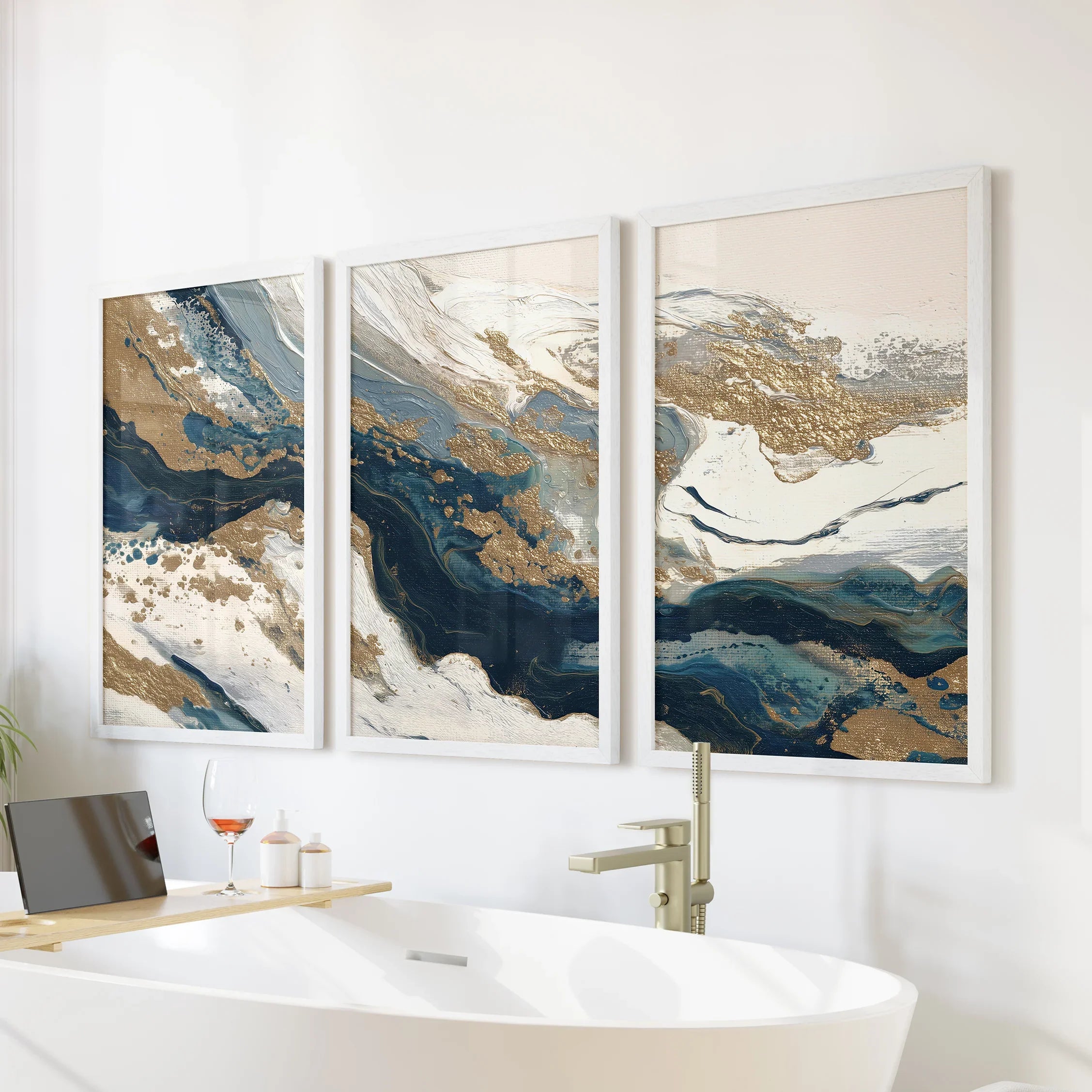 Gold & Blue Brush Strokes. Luxury 3 Piece Abstract Wall Art
