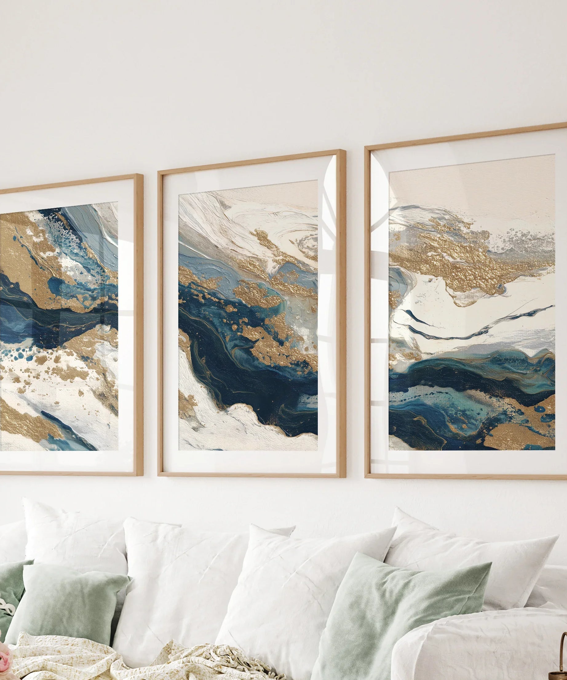 Gold & Blue Brush Strokes. Luxury 3 Piece Abstract Wall Art