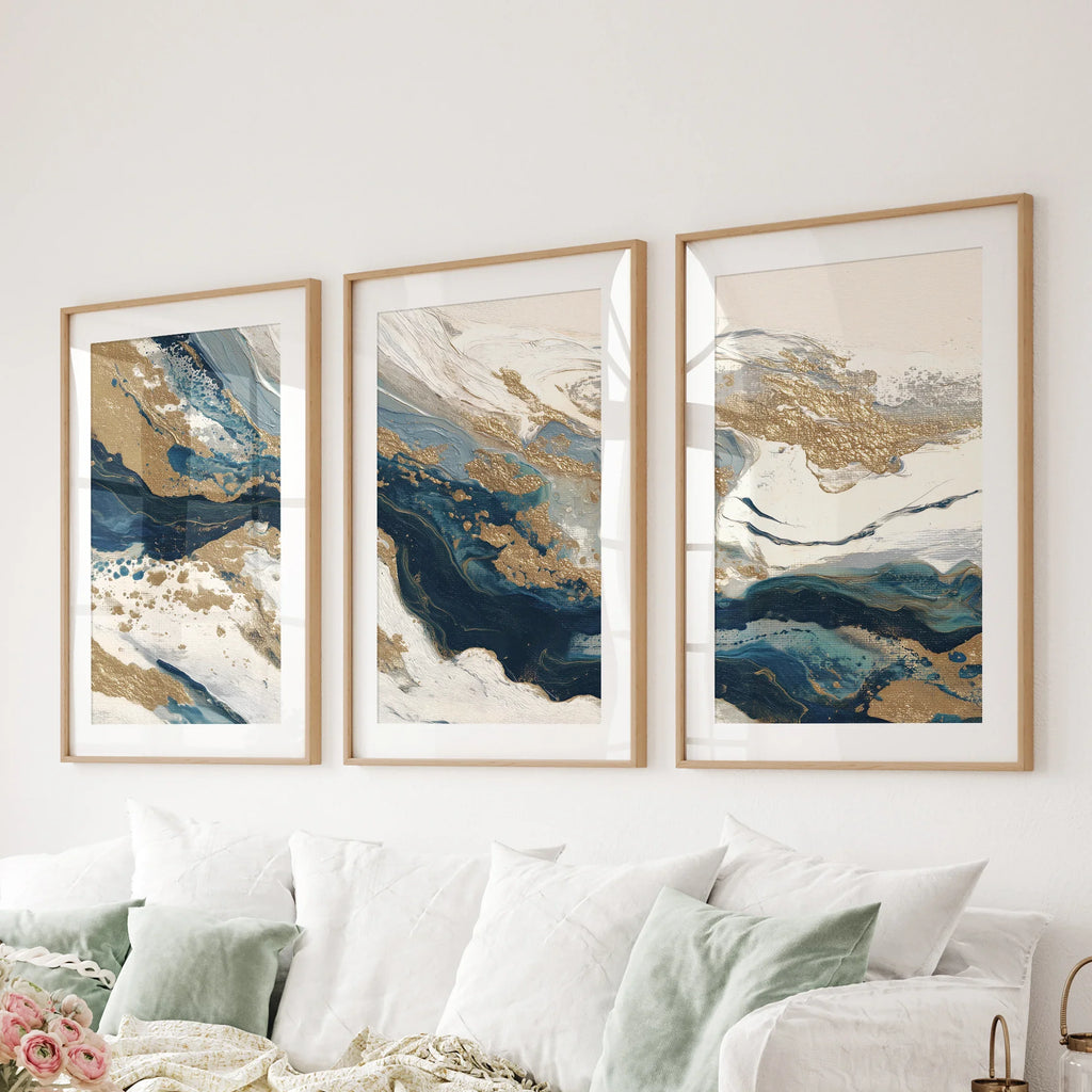 Gold & Blue Brush Strokes. Luxury 3 Piece Abstract Wall Art