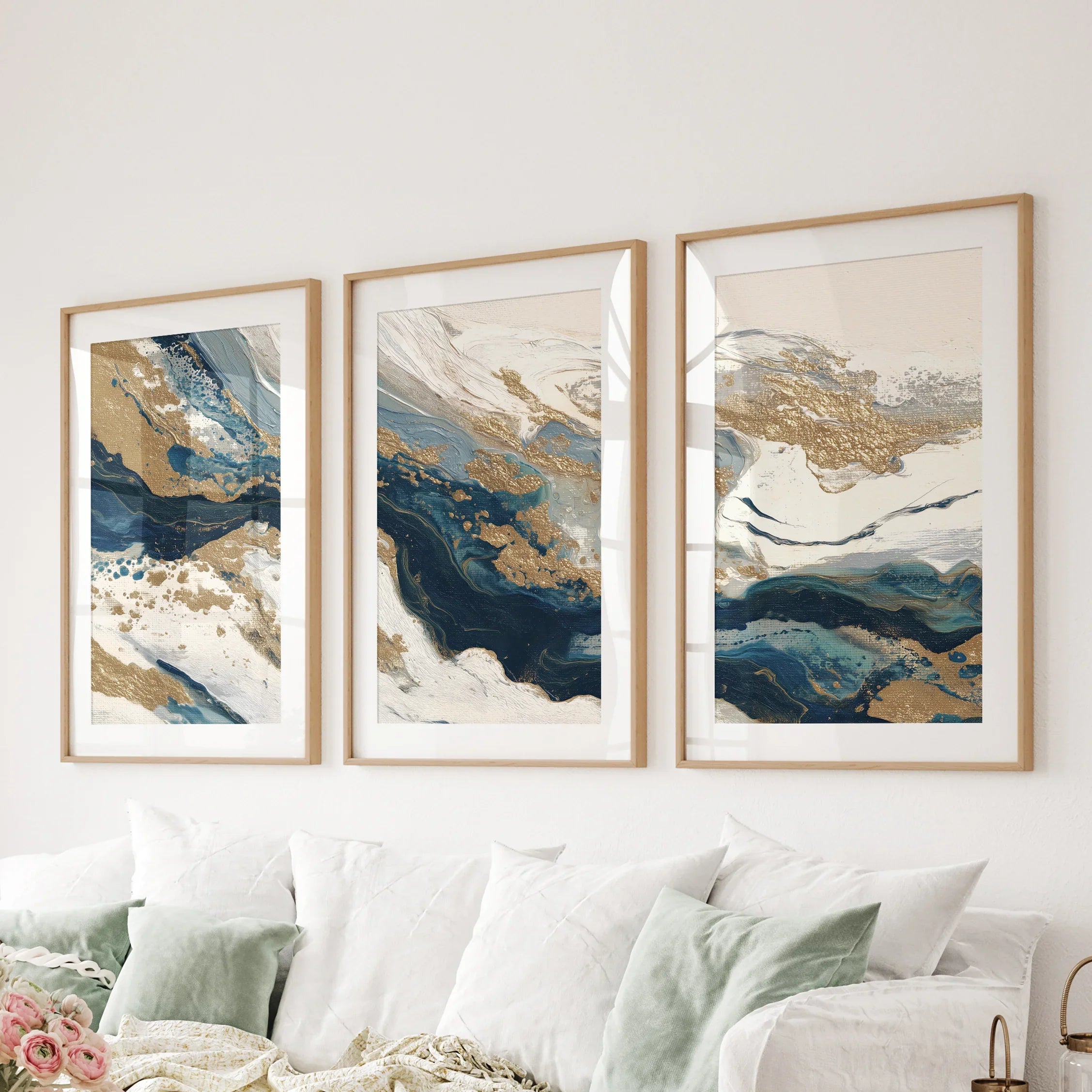 Gold & Blue Brush Strokes. Luxury 3 Piece Abstract Wall Art