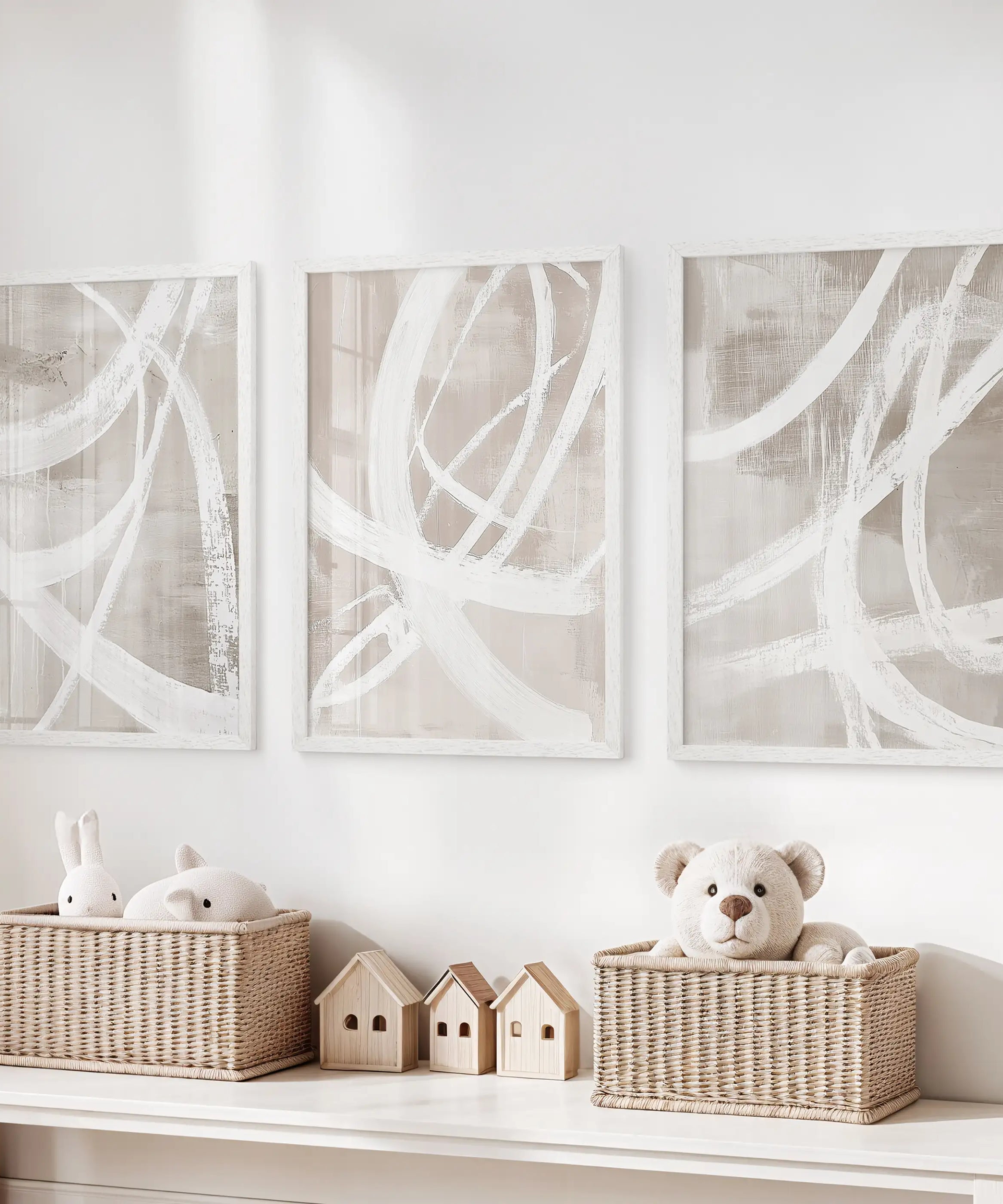 Modern Minimalist Abstract Triptych. Neutral Brush Stroke Art