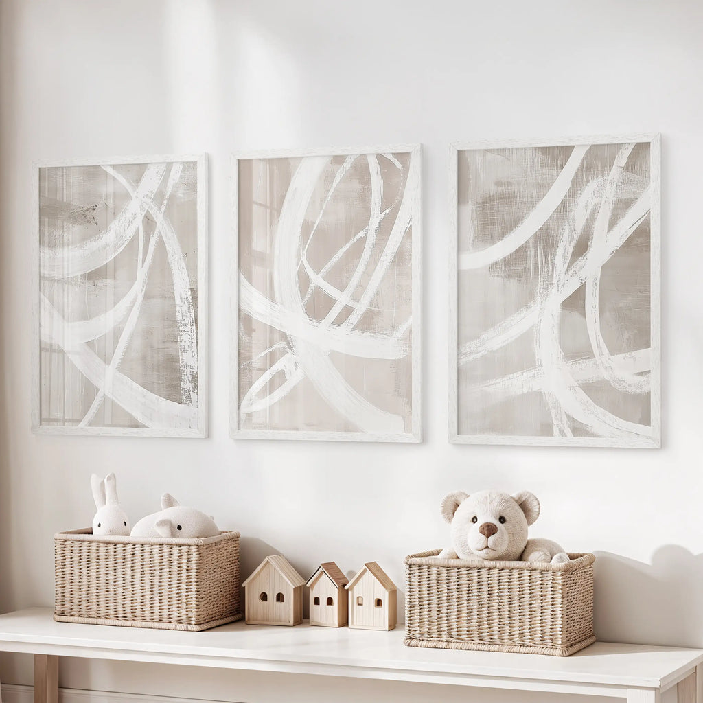 Modern Minimalist Abstract Triptych. Neutral Brush Stroke Art