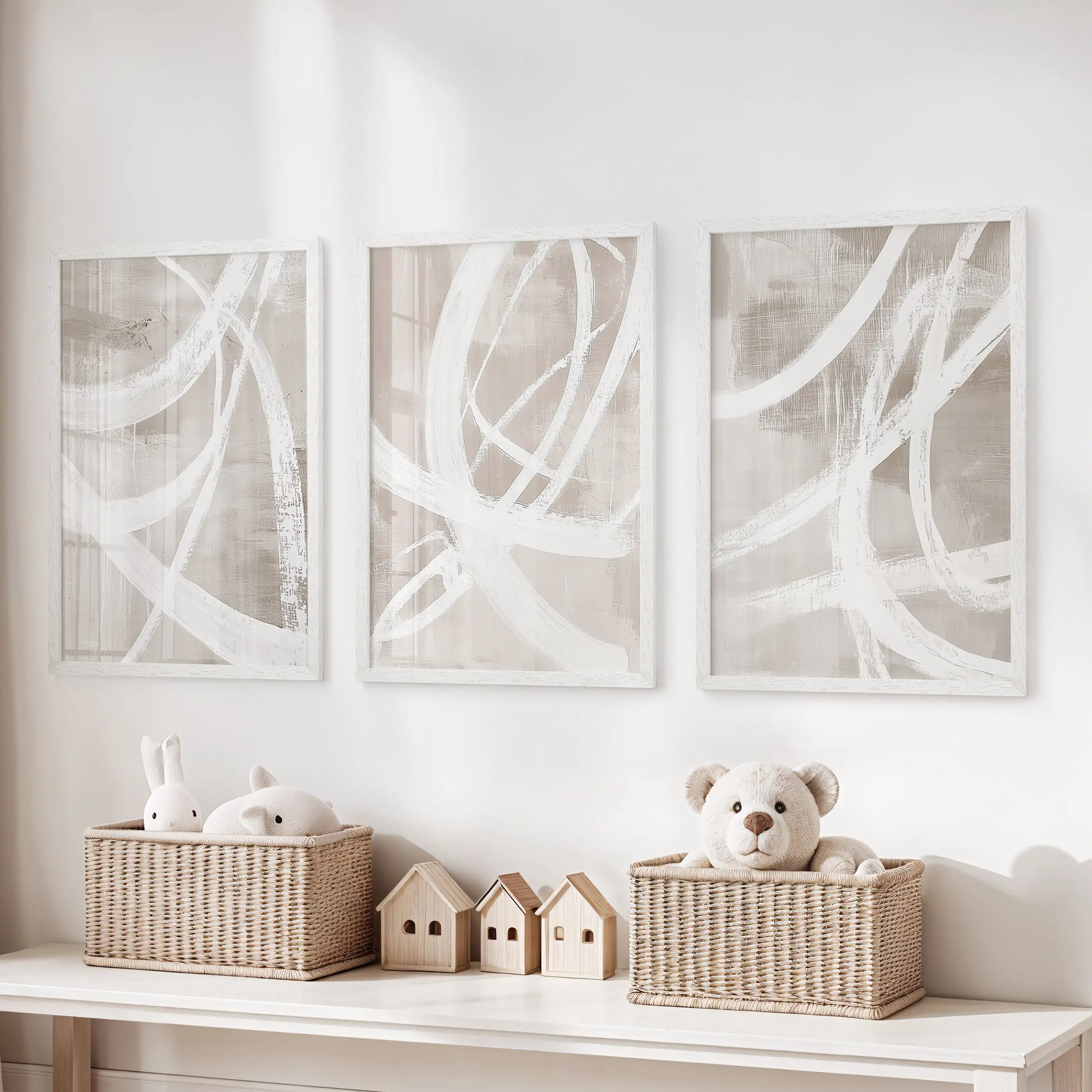 Modern Minimalist Abstract Triptych. Neutral Brush Stroke Art