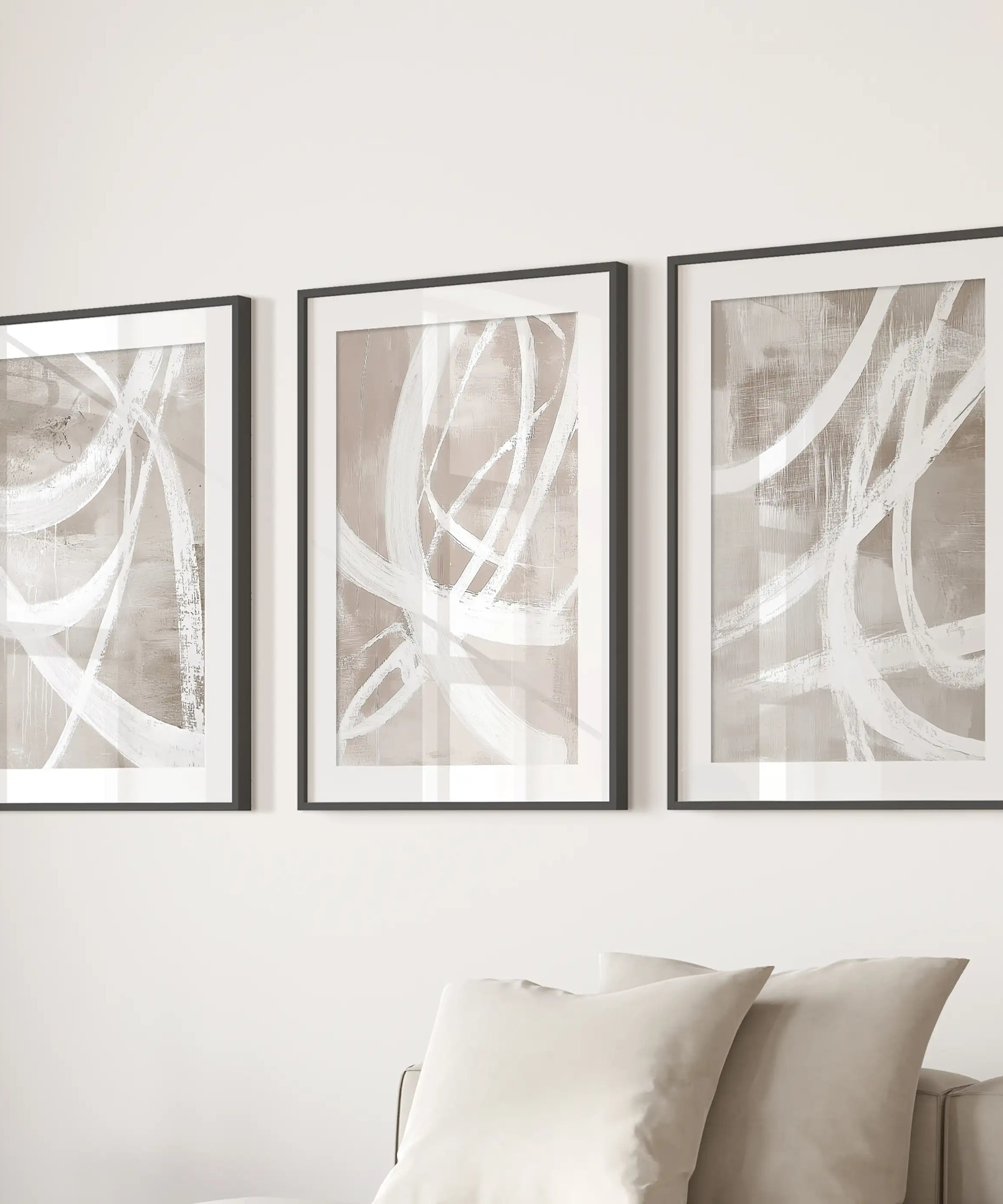 Modern Minimalist Abstract Triptych. Neutral Brush Stroke Art
