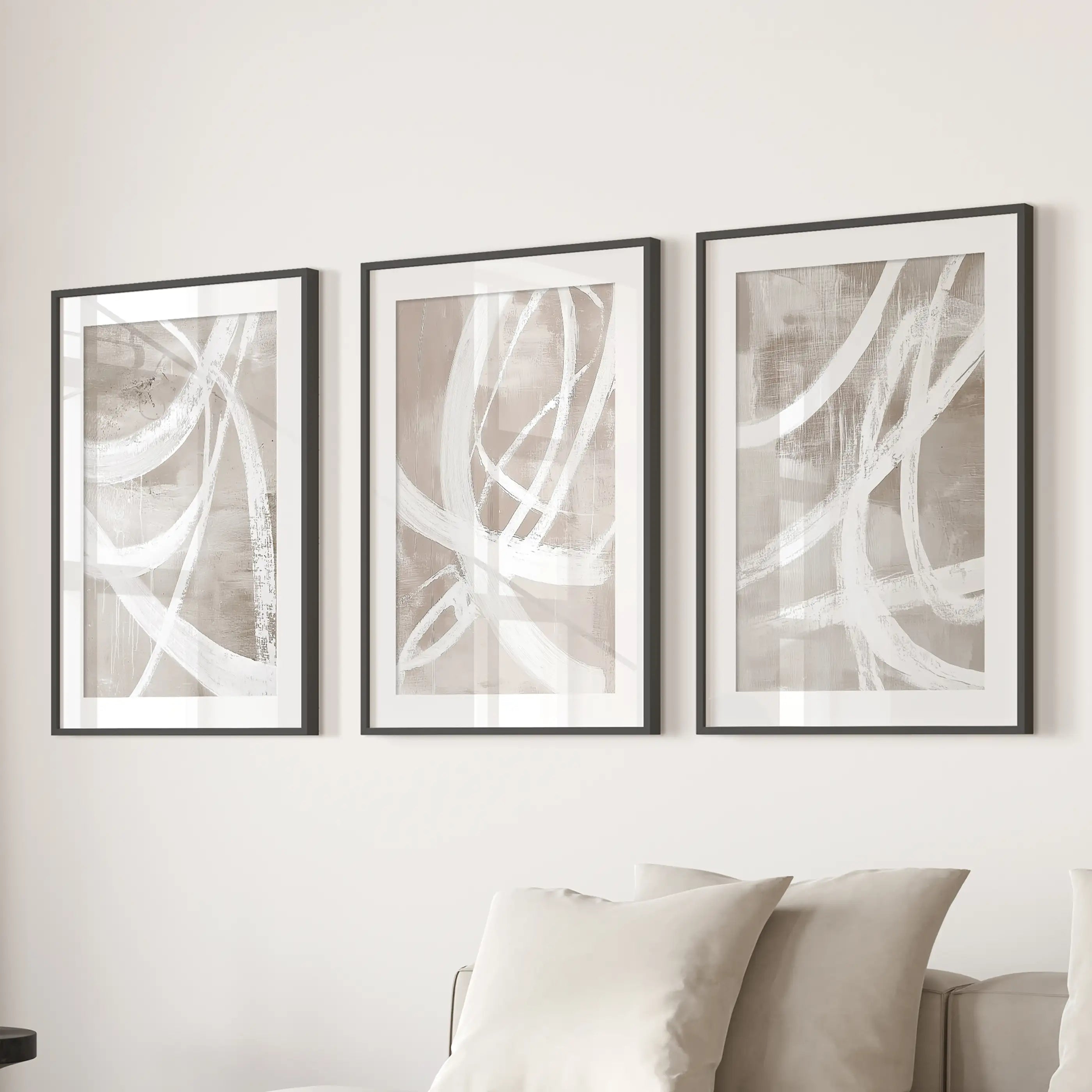 Modern Minimalist Abstract Triptych. Neutral Brush Stroke Art
