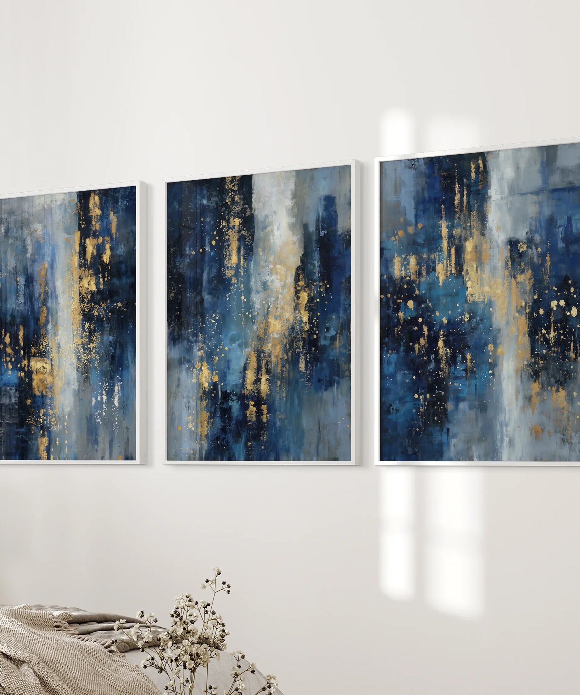 Navy Blue and Gold Triptych. Sparkle Oil Painting Prints