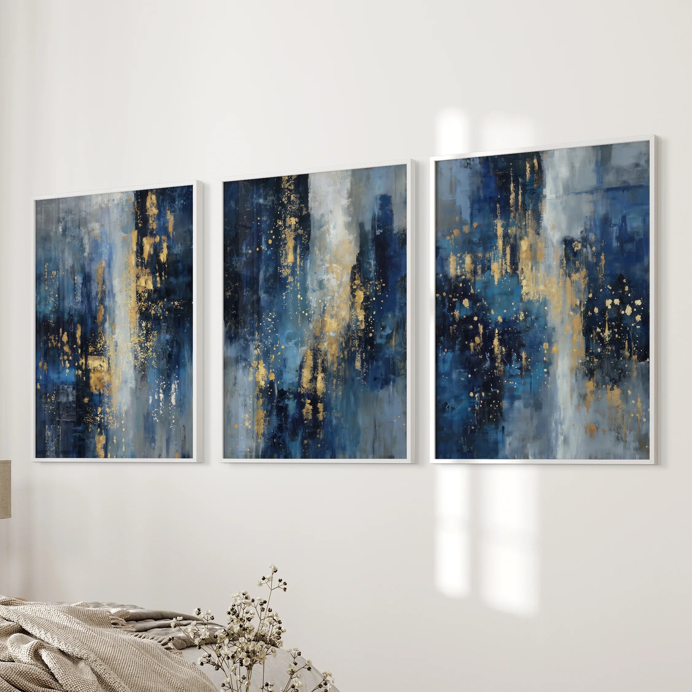 Navy Blue and Gold Triptych. Sparkle Oil Painting Prints