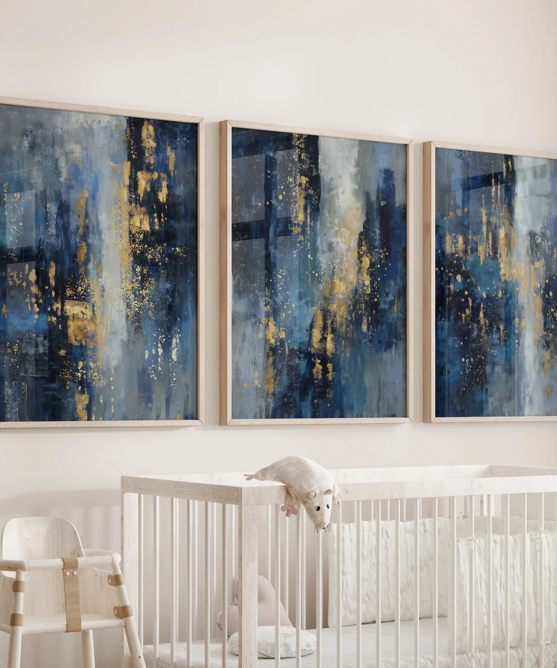 Navy Blue and Gold Triptych. Sparkle Oil Painting Prints