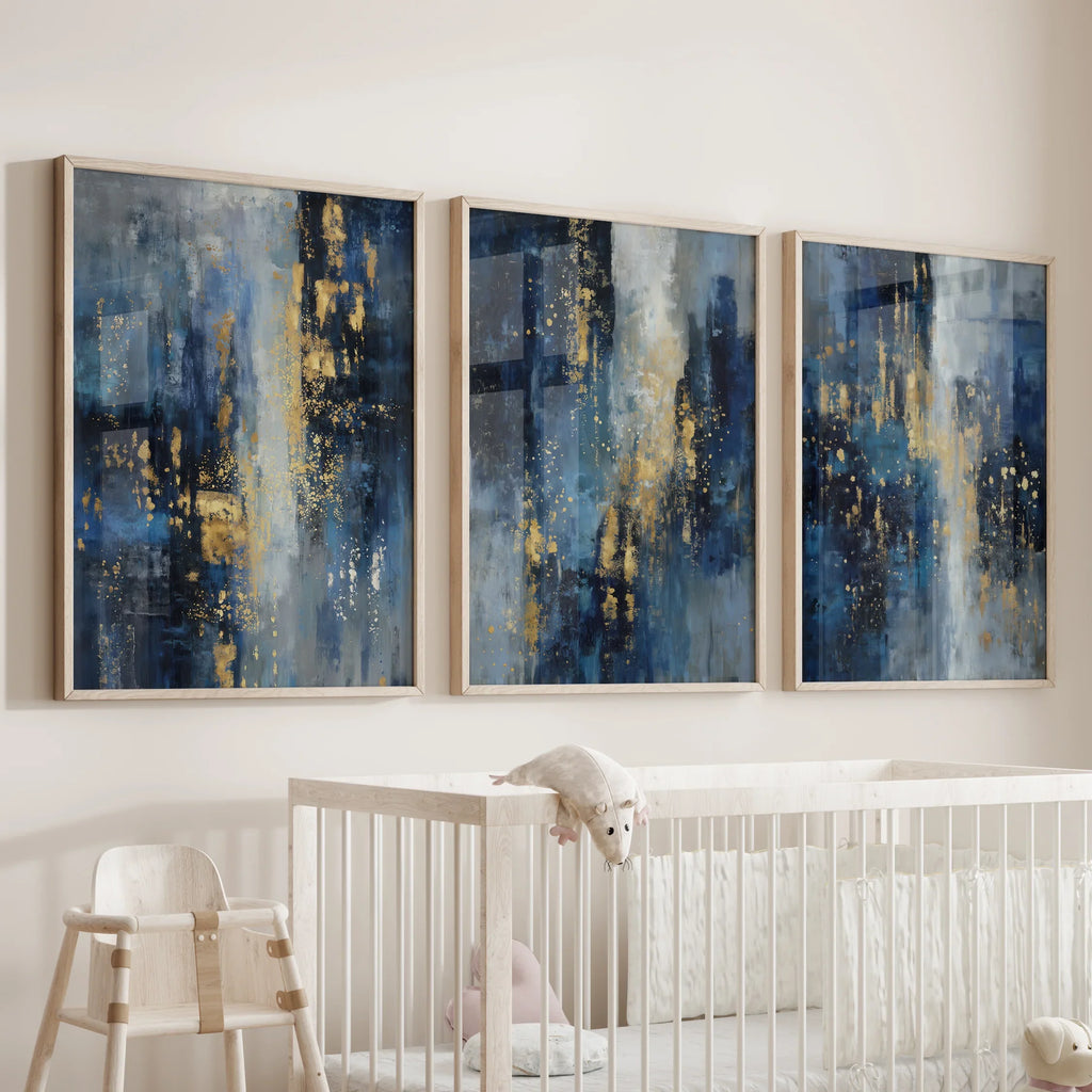 Navy Blue and Gold Triptych. Sparkle Oil Painting Prints