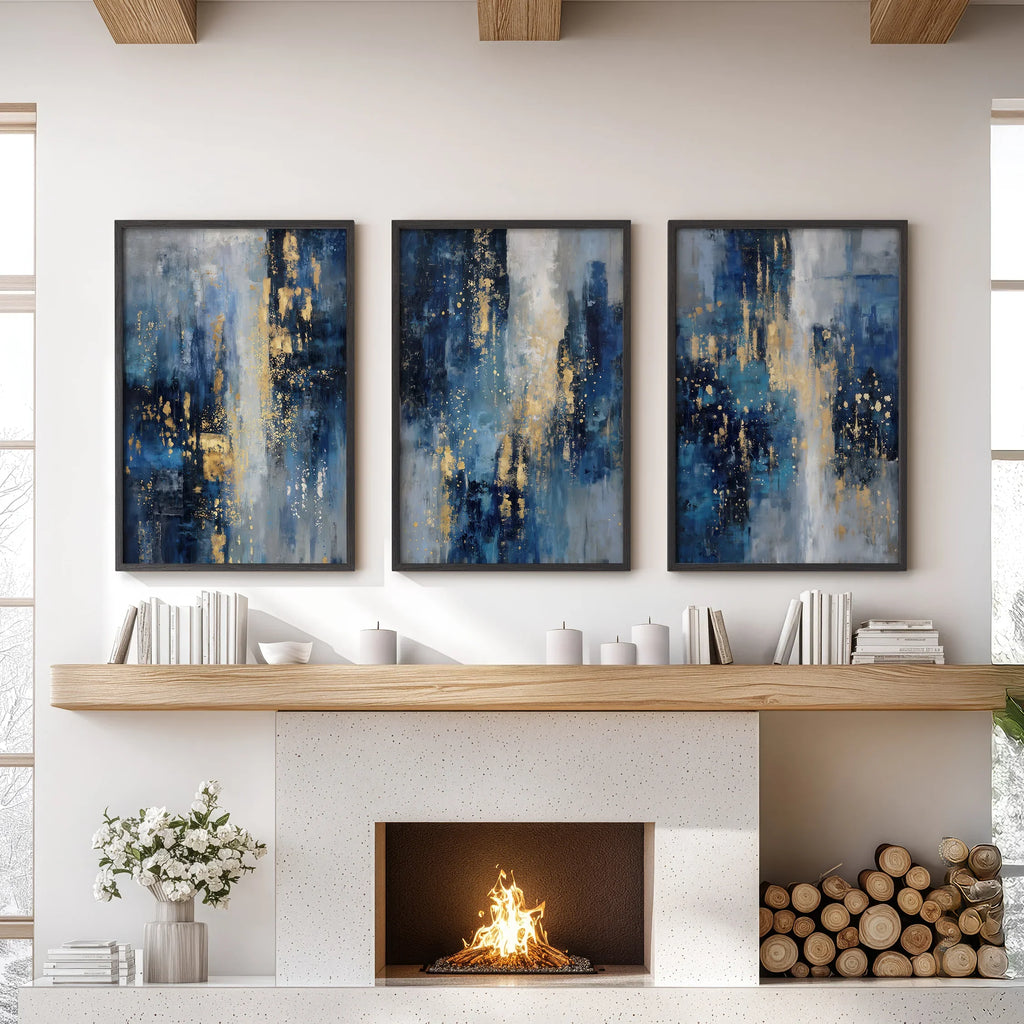 Navy Blue and Gold Triptych. Sparkle Oil Painting Prints