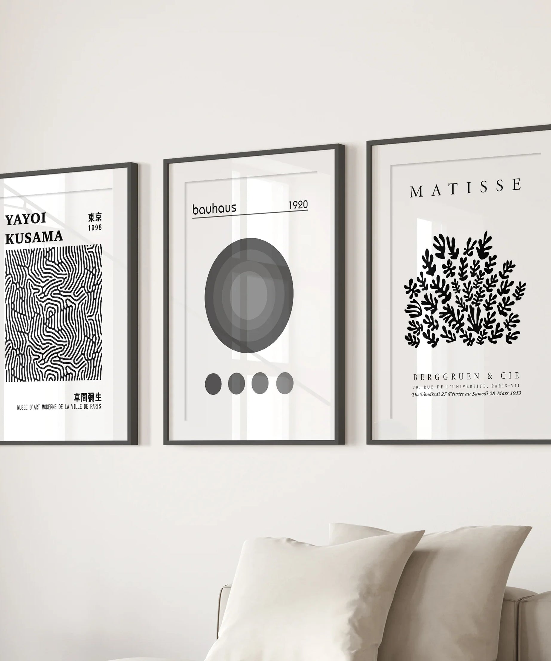 Black White Kusama, Matisse, Bauhaus Posters. Art Set of 3