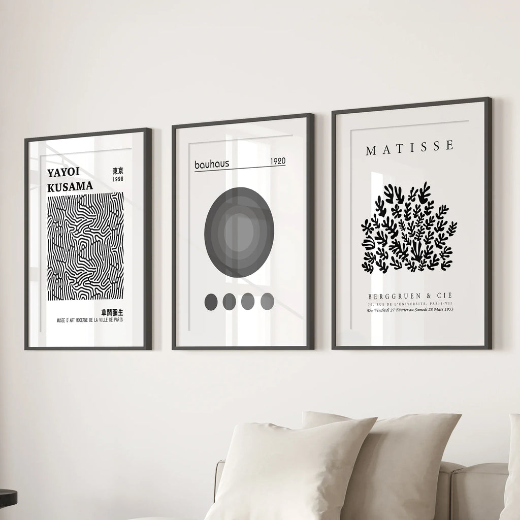 Black White Kusama, Matisse, Bauhaus Posters. Art Set of 3