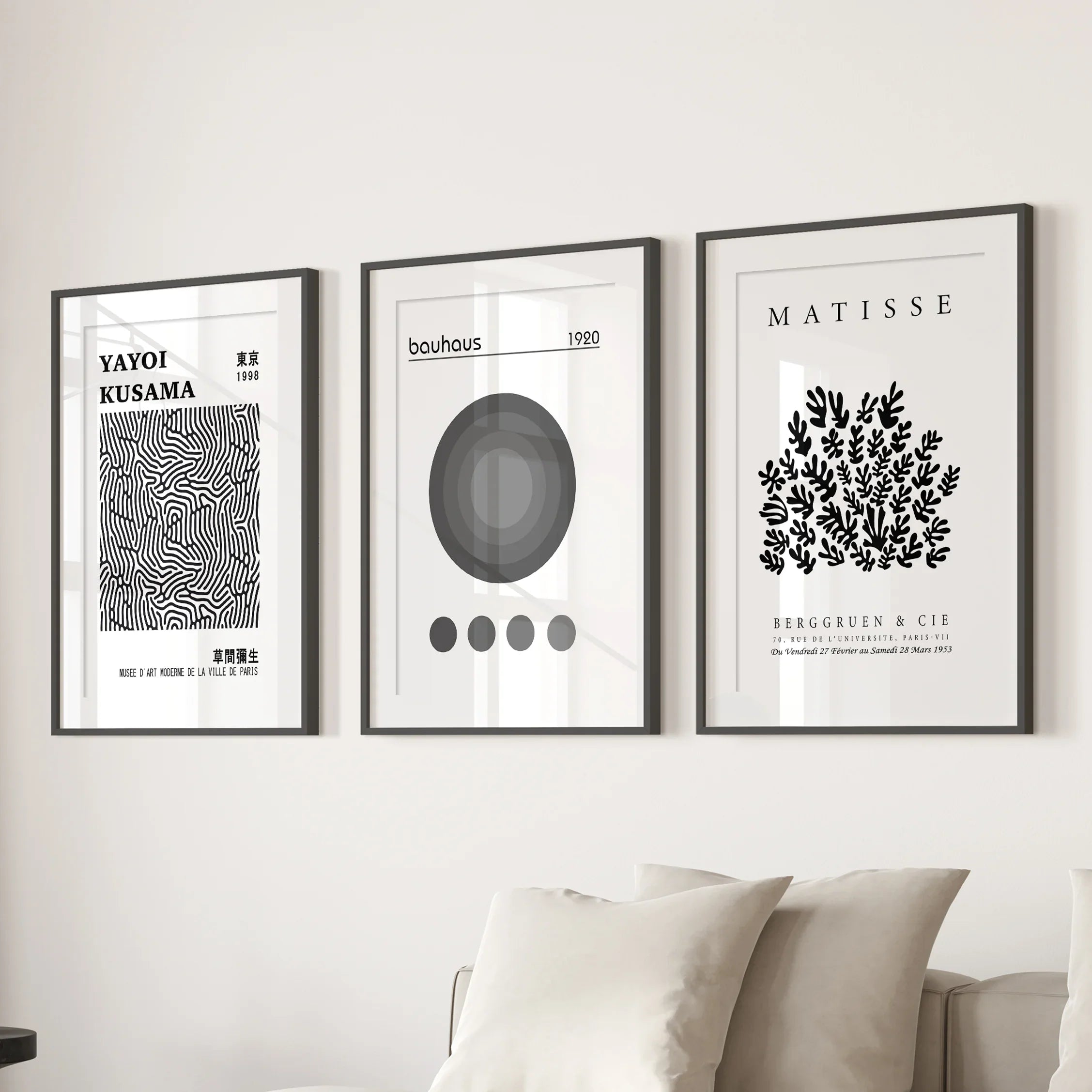 Black White Kusama, Matisse, Bauhaus Posters. Art Set of 3