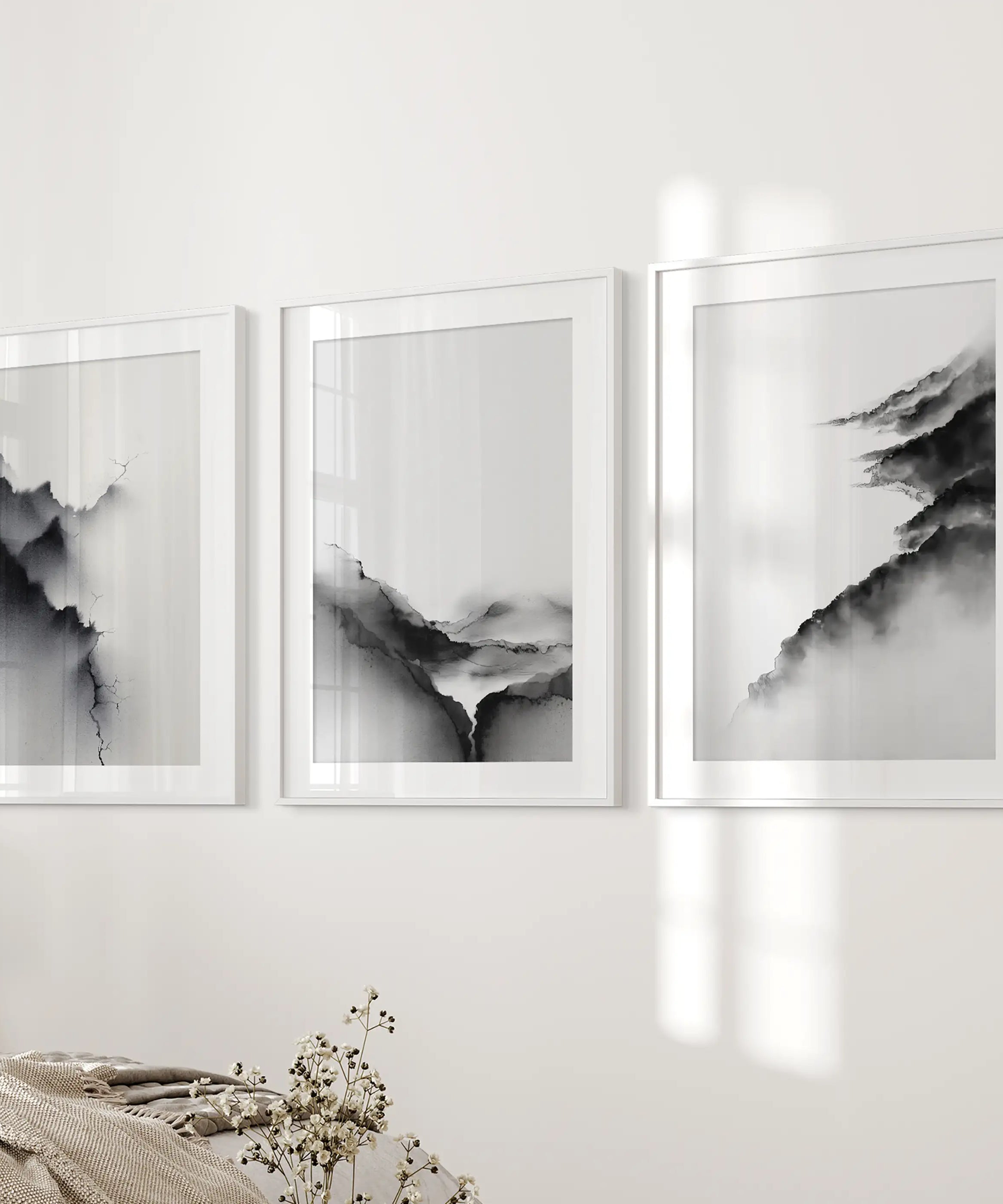 Black White Mountain Landscape Art Set of 3. Calming Nature