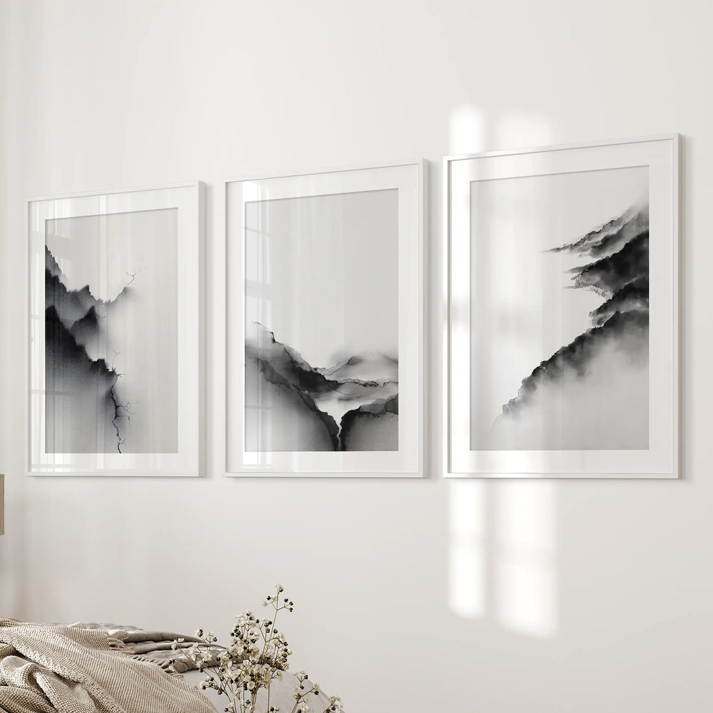 Black White Mountain Landscape Art Set of 3. Calming Nature