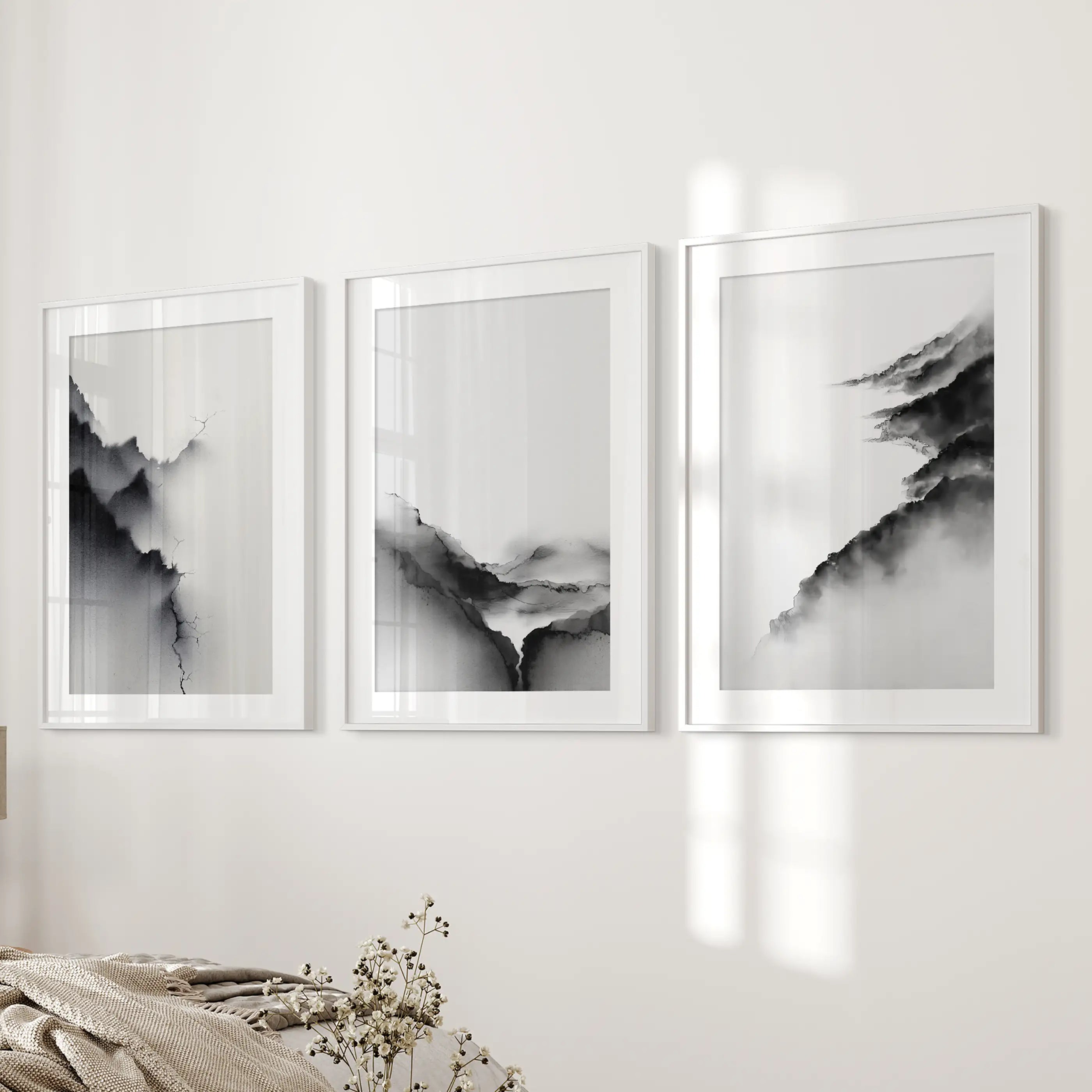 Black White Mountain Landscape Art Set of 3. Calming Nature