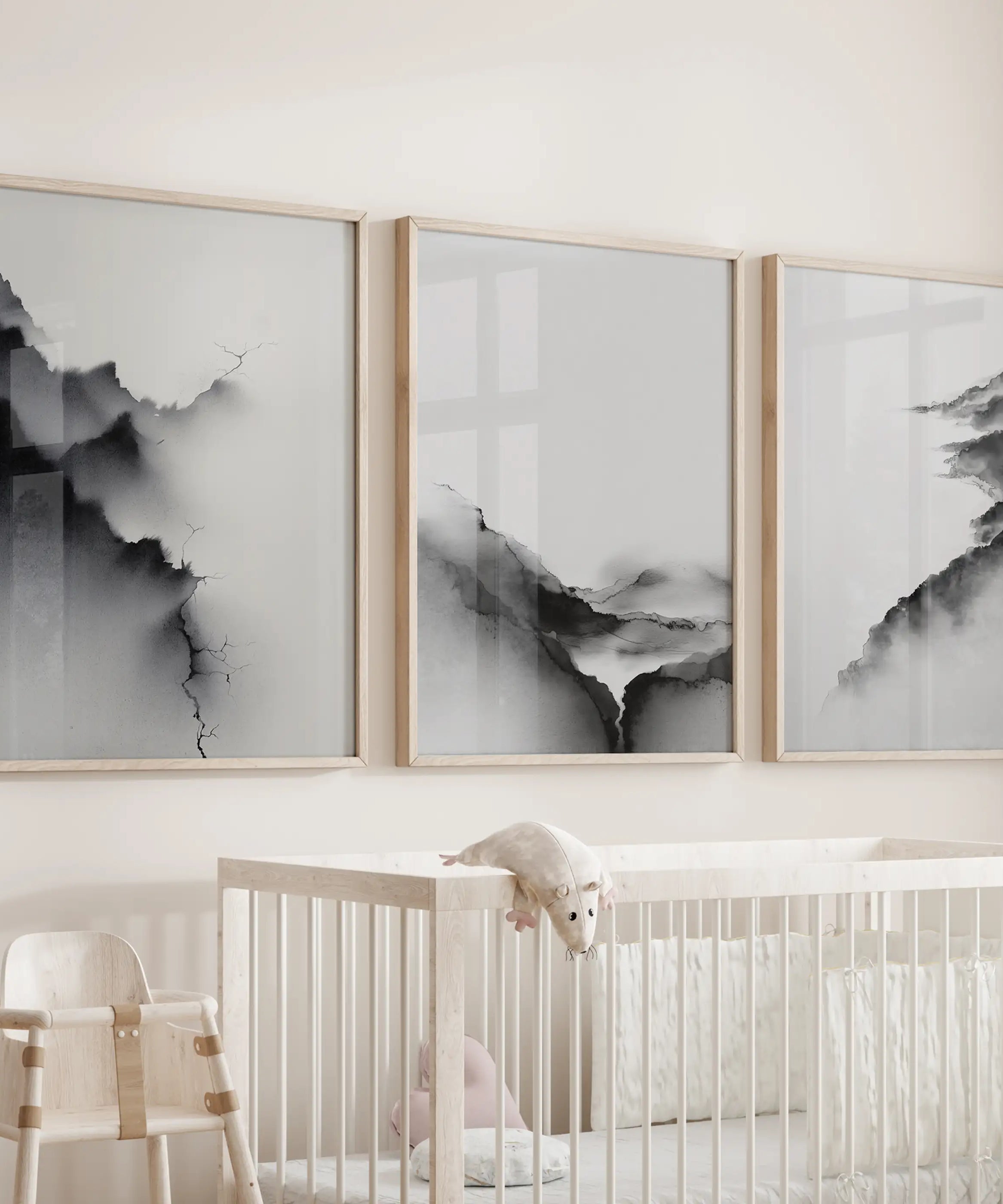 Black White Mountain Landscape Art Set of 3. Calming Nature