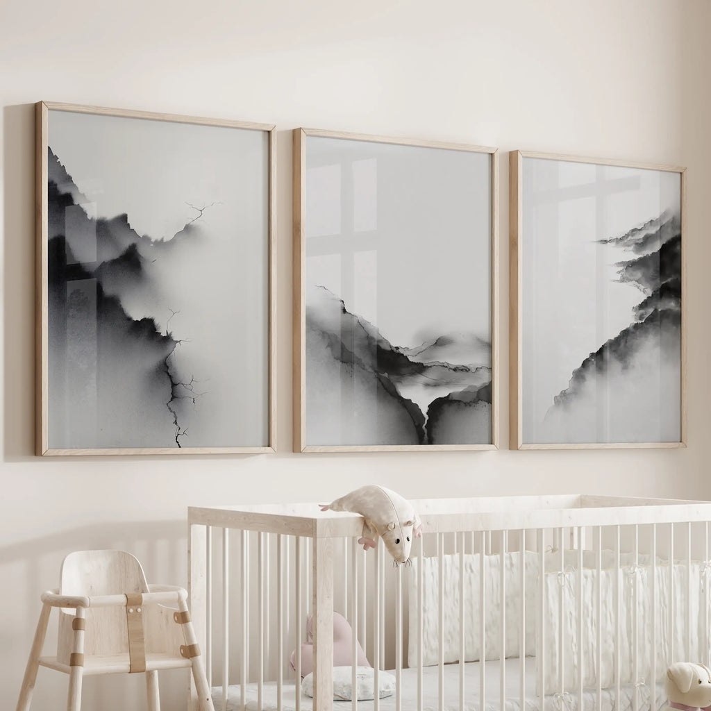 Black White Mountain Landscape Art Set of 3. Calming Nature