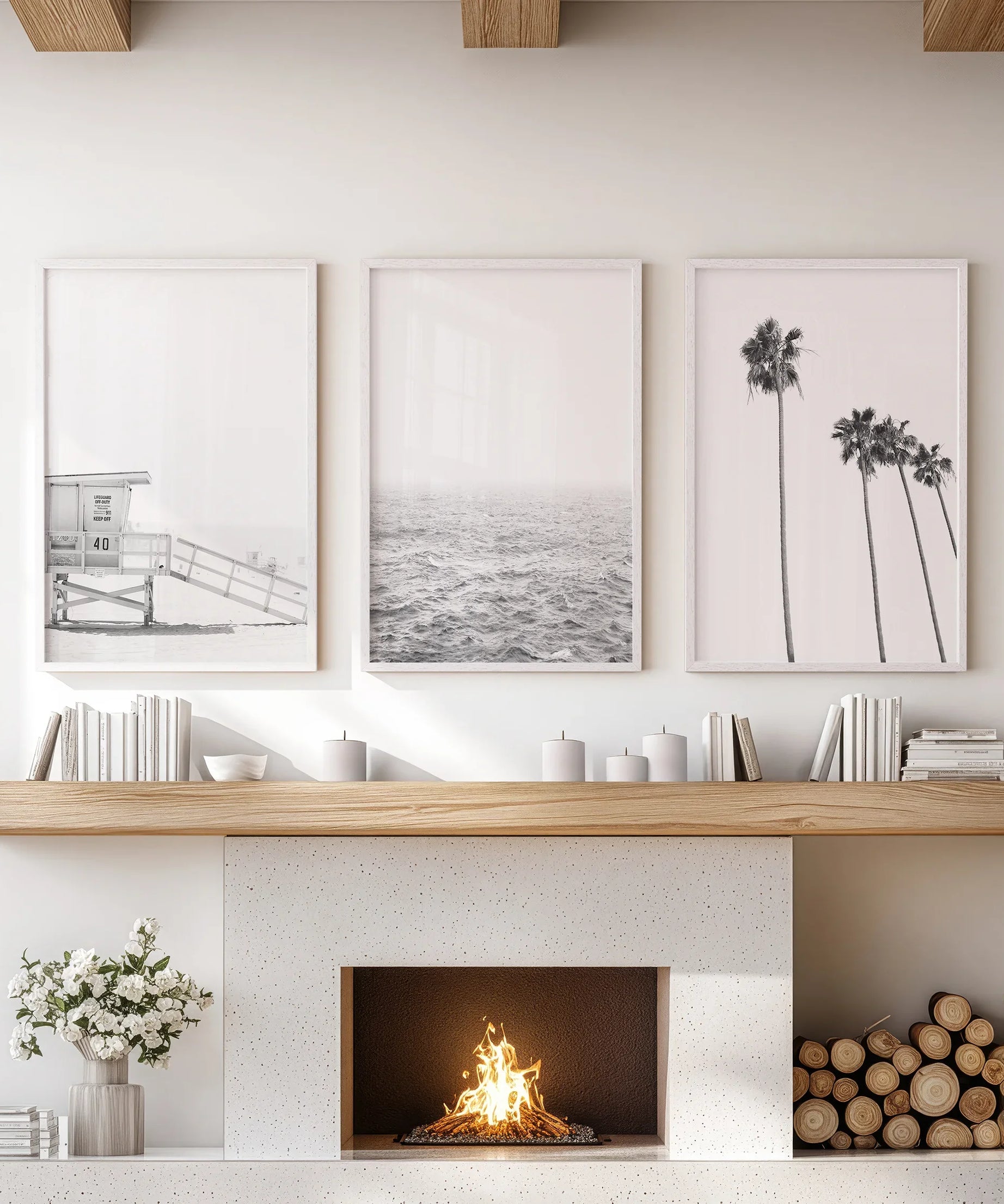 Black White Coastal Wall Art Set: Palms, Ocean, Lifeguard