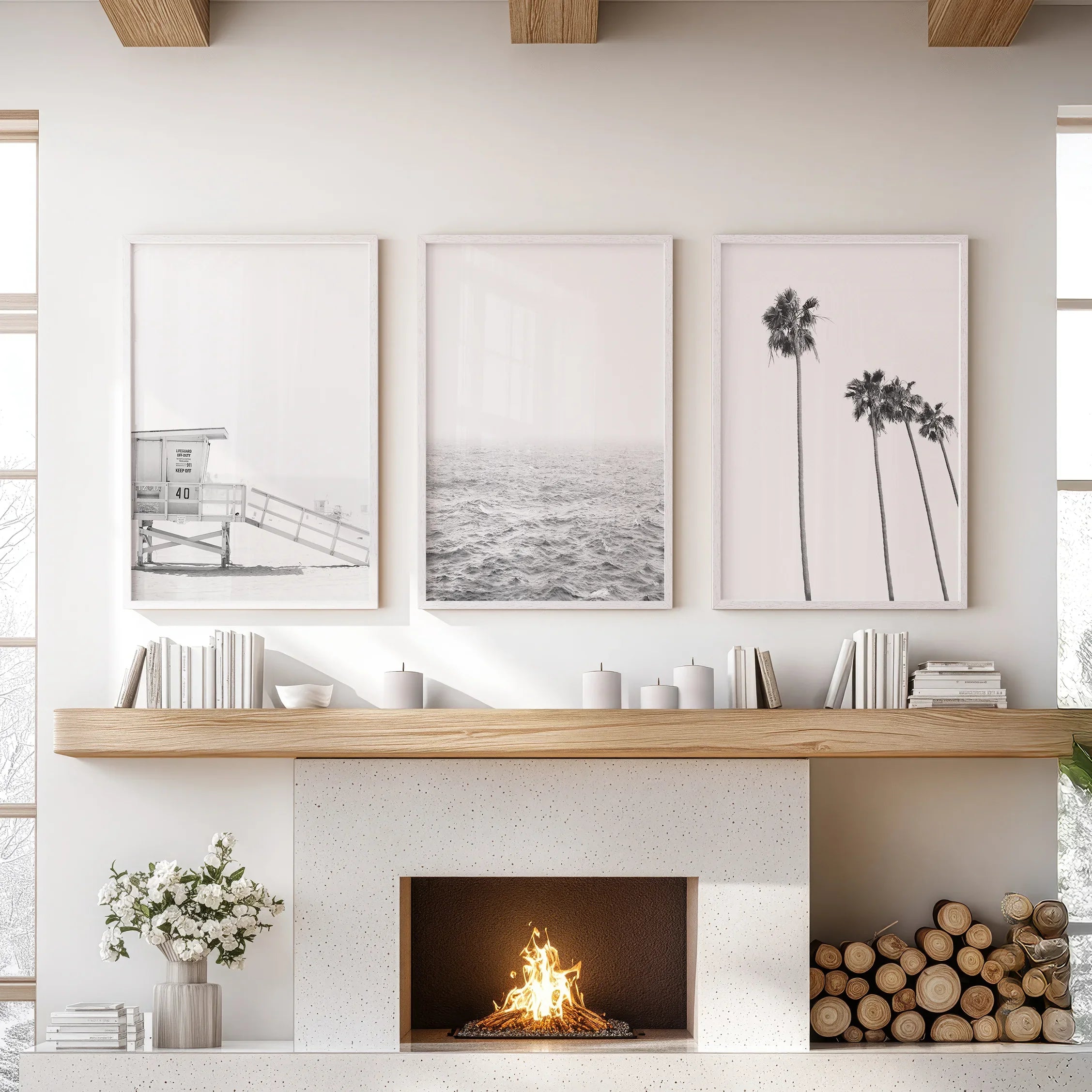 Black White Coastal Wall Art Set: Palms, Ocean, Lifeguard