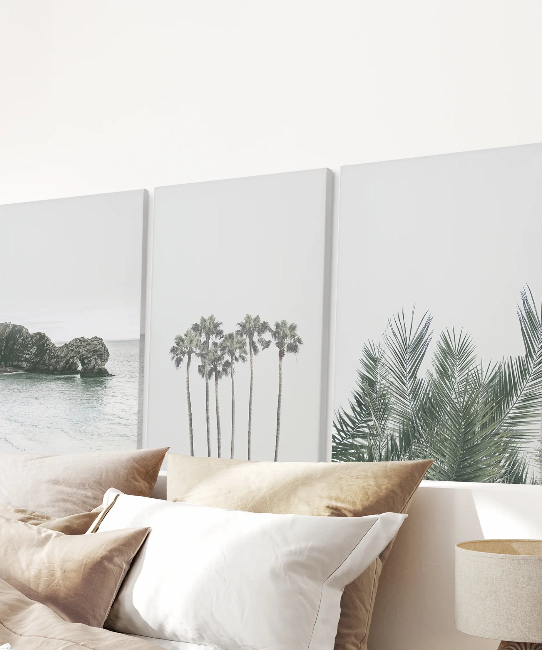 Modern Coastal Wall Art. Ocean Rock, Palms, Tropical Leaf