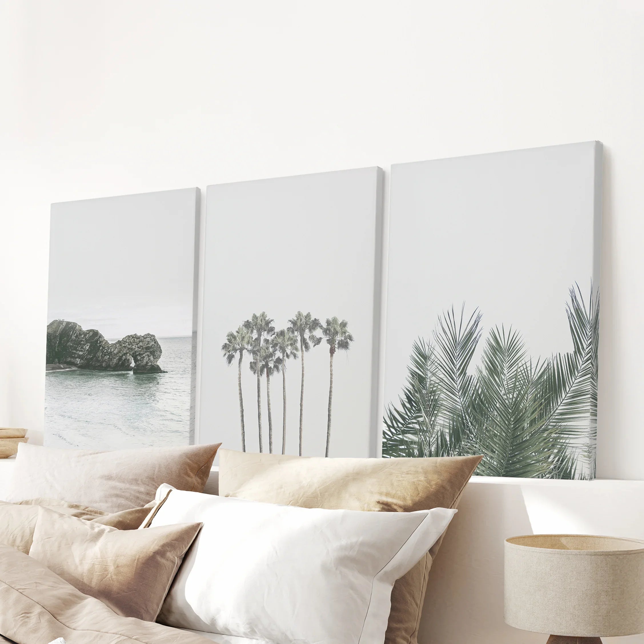 Modern Coastal Wall Art. Ocean Rock, Palms, Tropical Leaf