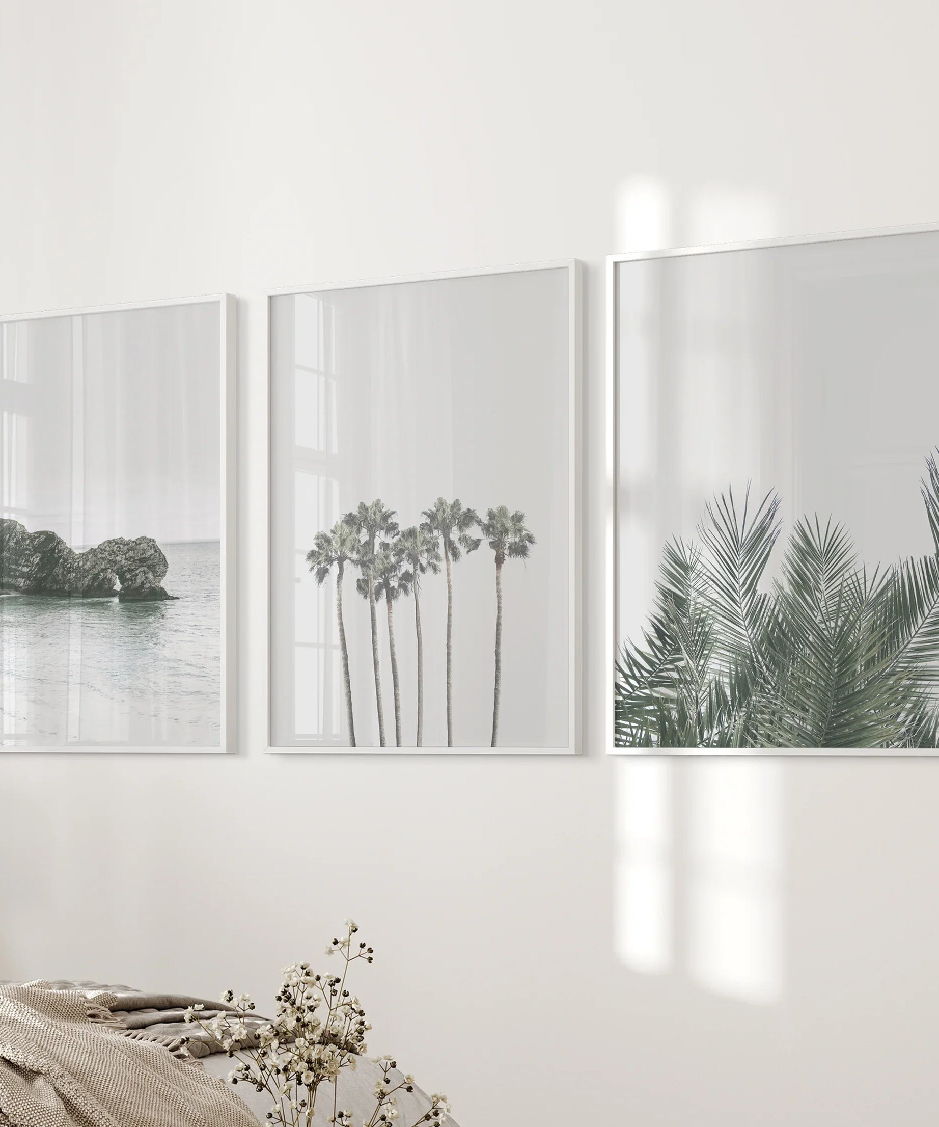 Modern Coastal Wall Art. Ocean Rock, Palms, Tropical Leaf