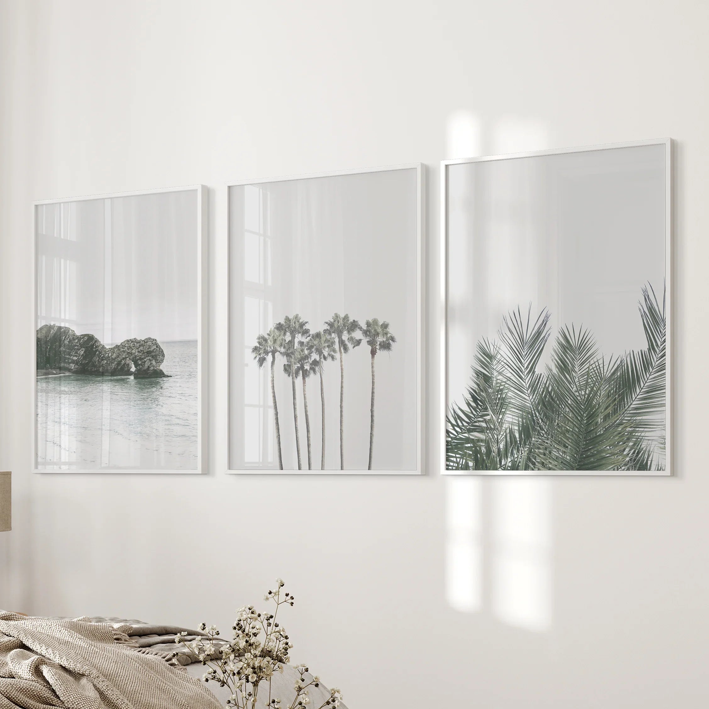 Modern Coastal Wall Art. Ocean Rock, Palms, Tropical Leaf