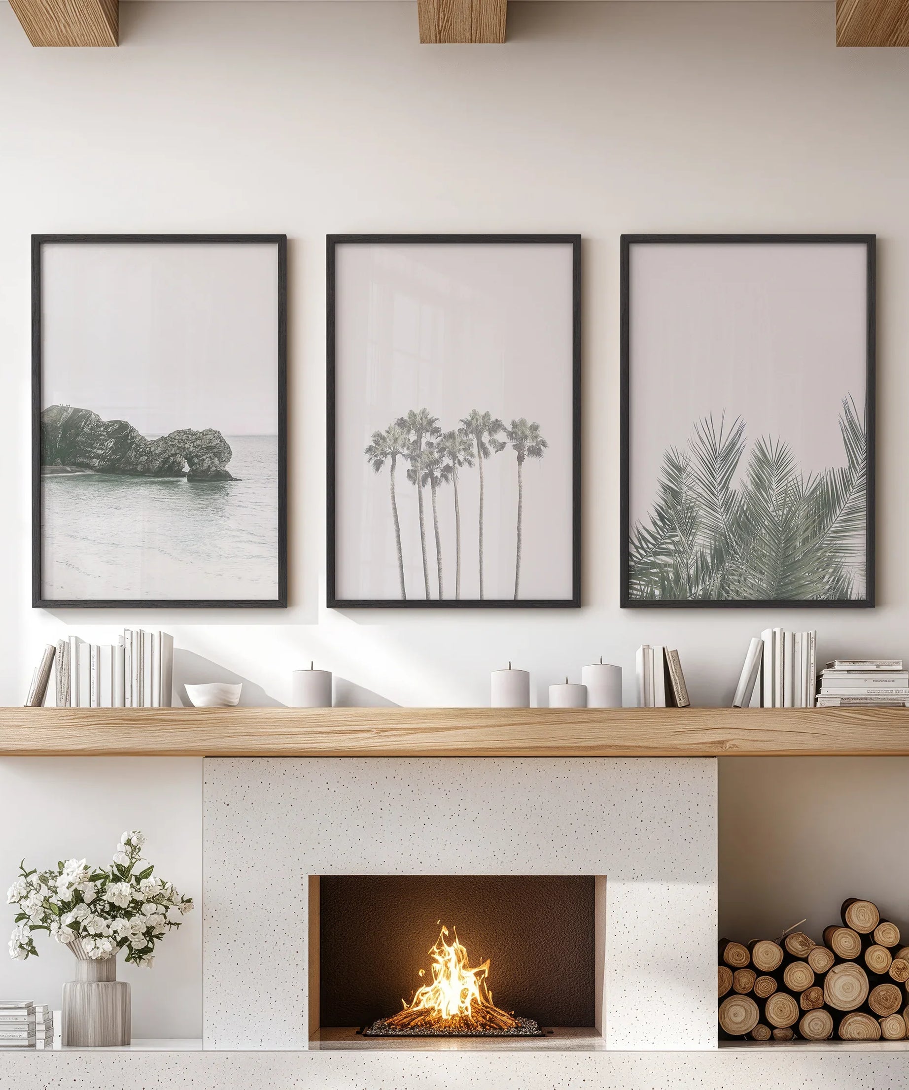 Modern Coastal Wall Art. Ocean Rock, Palms, Tropical Leaf