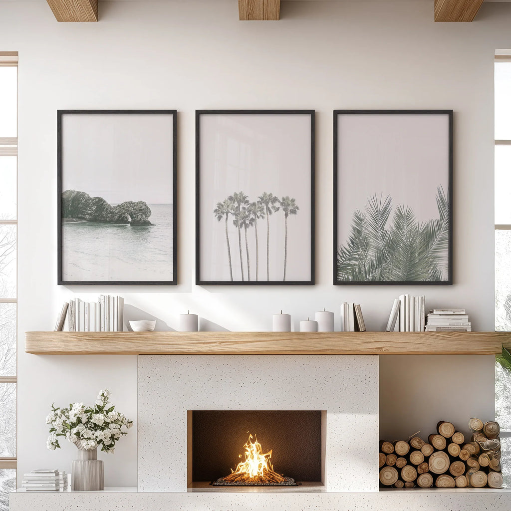 Modern Coastal Wall Art. Ocean Rock, Palms, Tropical Leaf