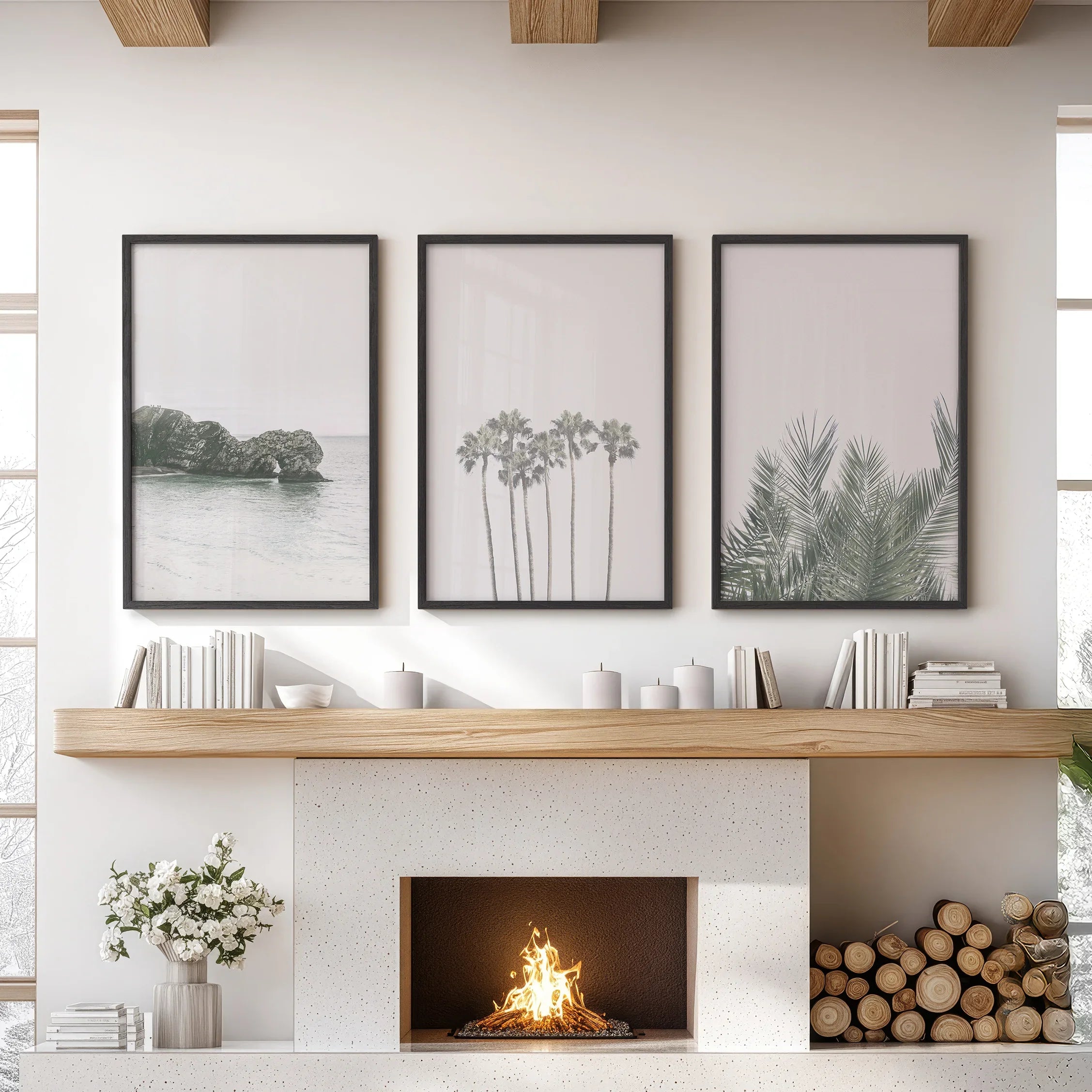 Modern Coastal Wall Art. Ocean Rock, Palms, Tropical Leaf