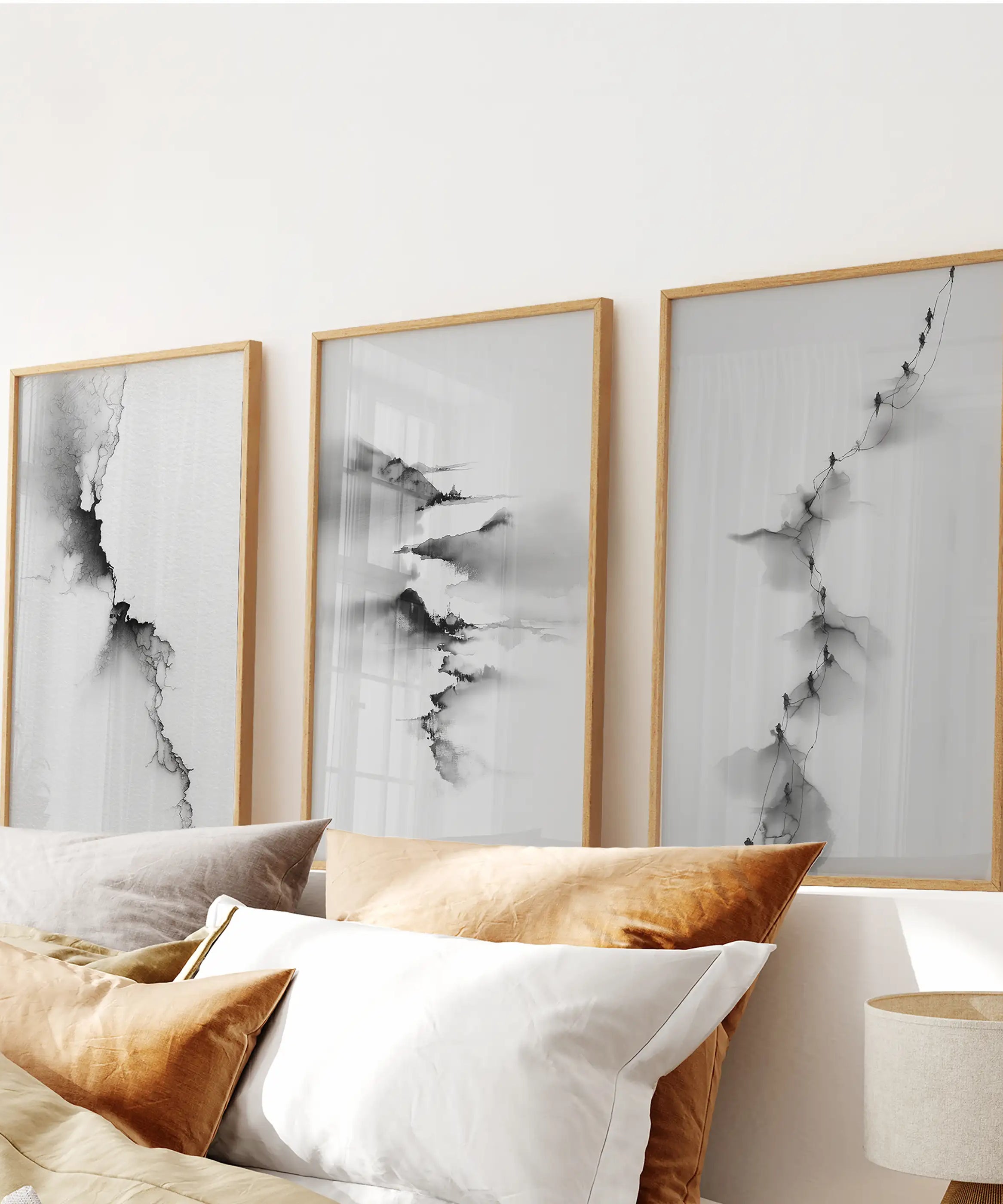 Abstract Mountain 3 Piece Wall Art. Black White Minimalist