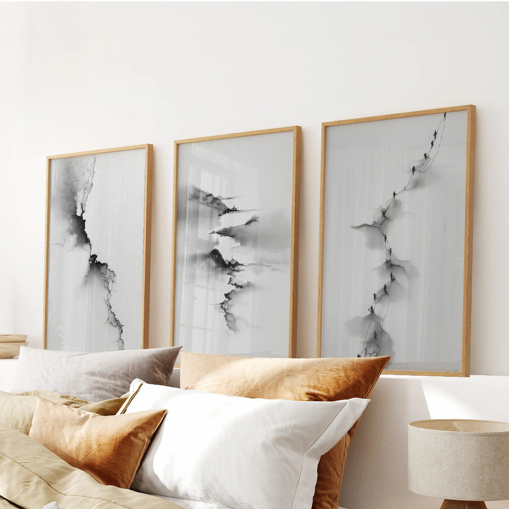 Abstract Mountain 3 Piece Wall Art. Black White Minimalist