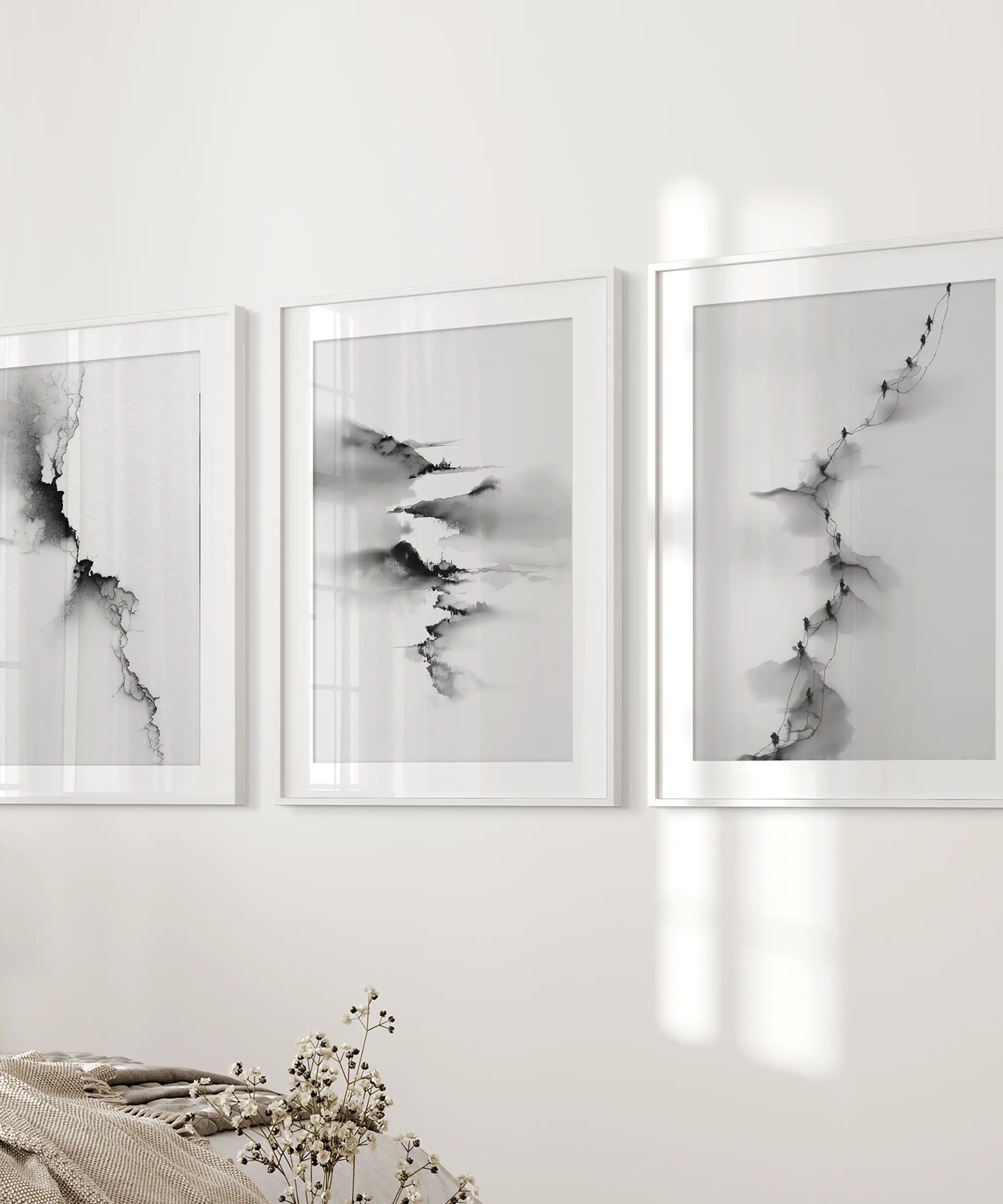 Abstract Mountain 3 Piece Wall Art. Black White Minimalist
