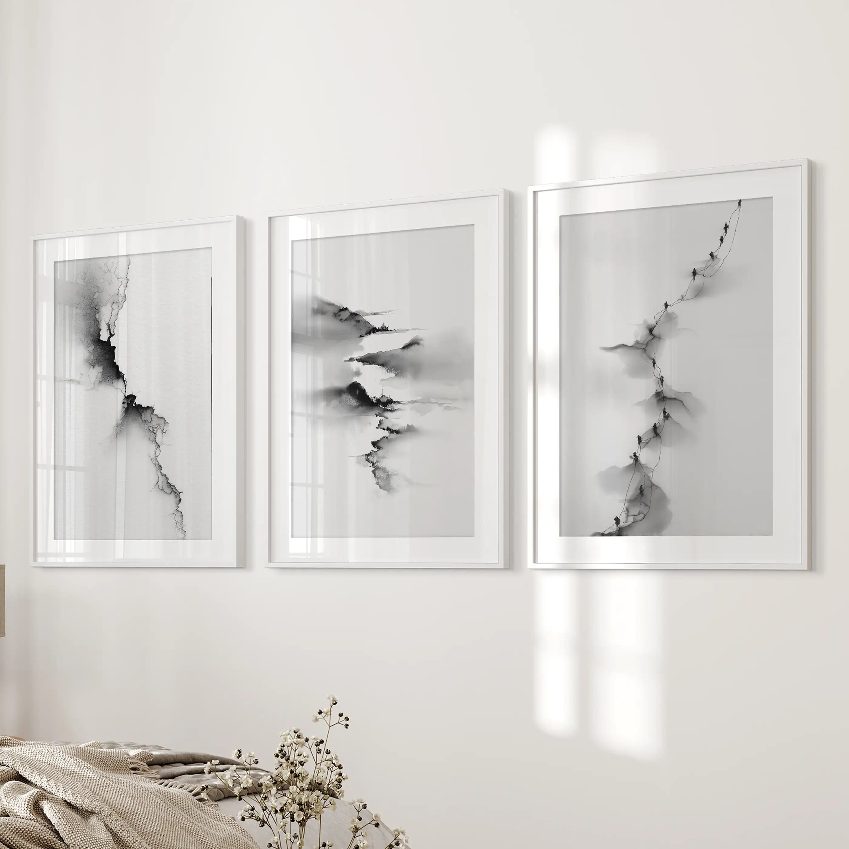 Abstract Mountain 3 Piece Wall Art. Black White Minimalist