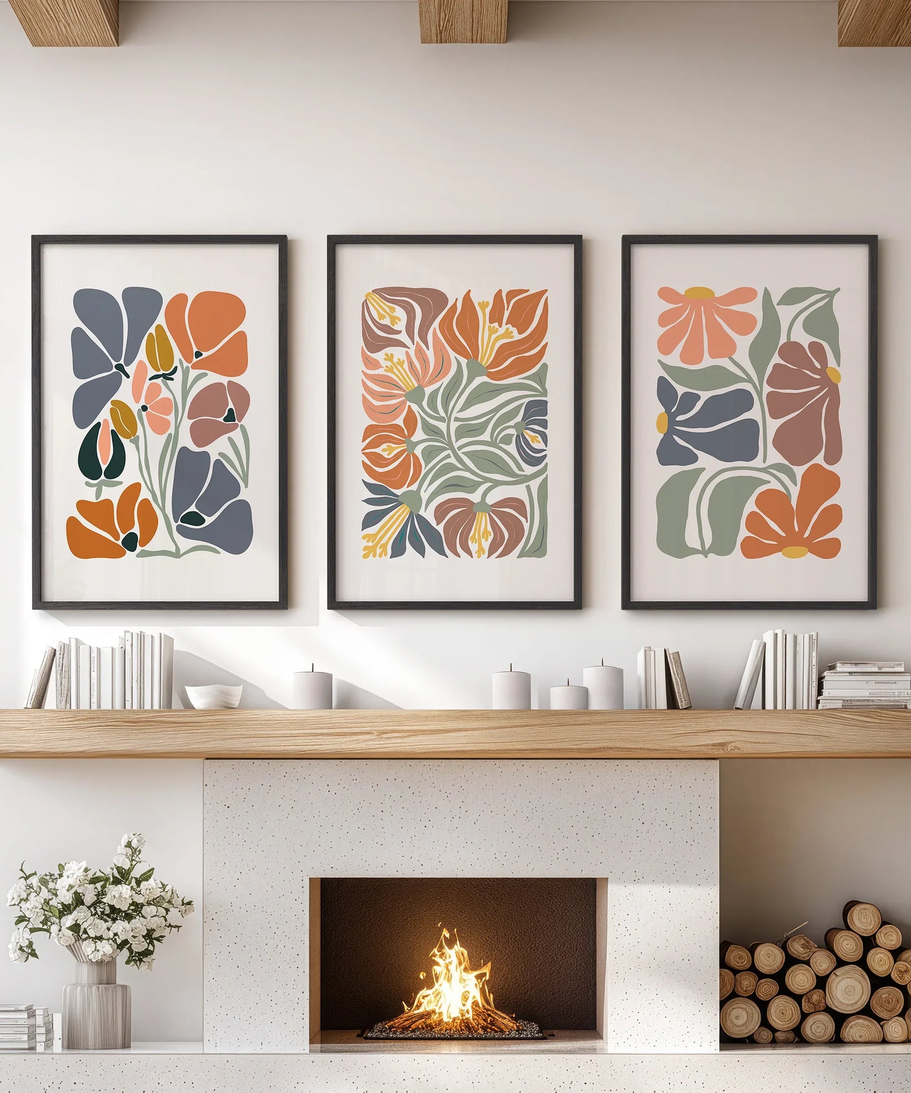 Boho Botanical Set of 3 Wall Art. Abstract Flowers Prints