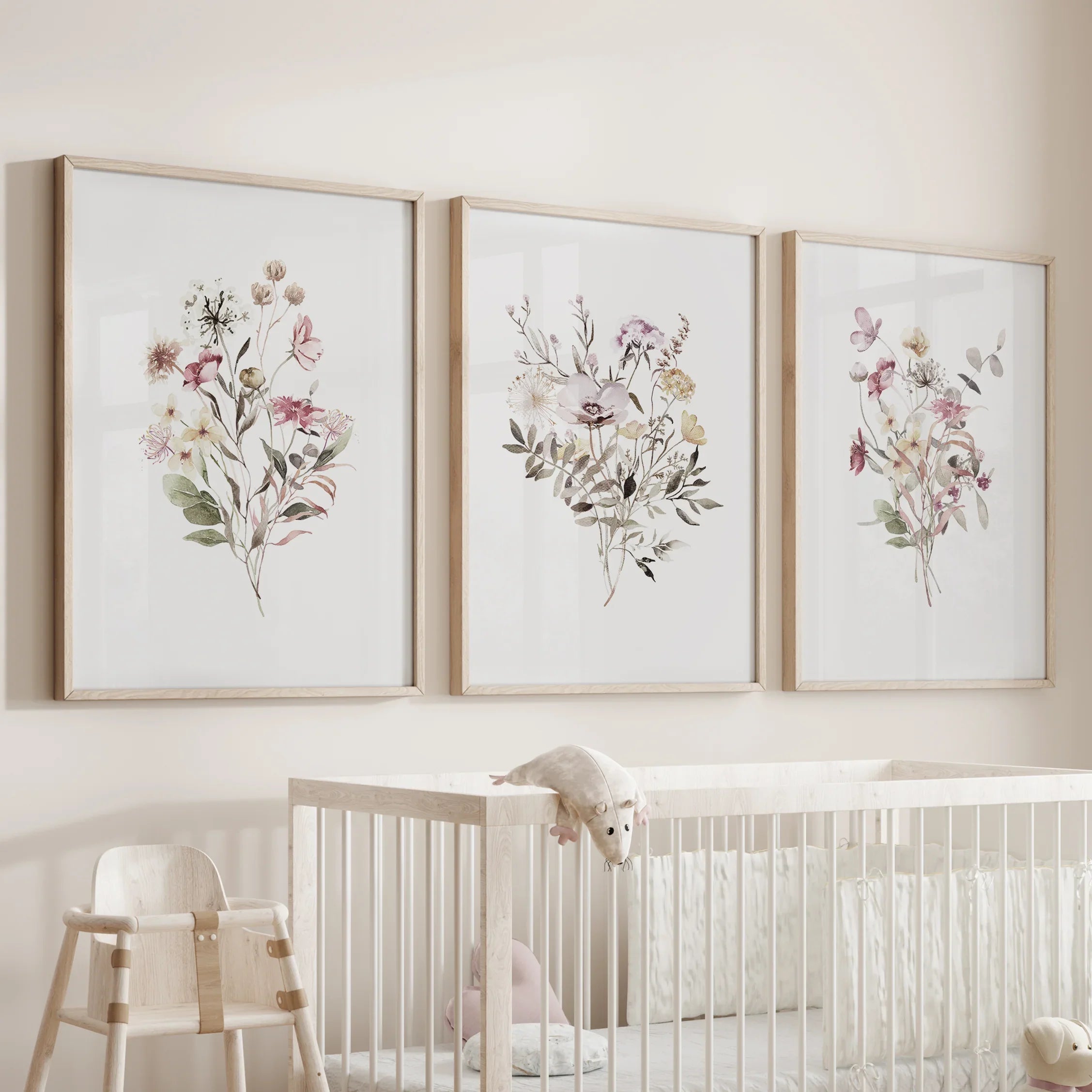 Floral Art Set of 3. Watercolor Wildflower Bouquet Prints