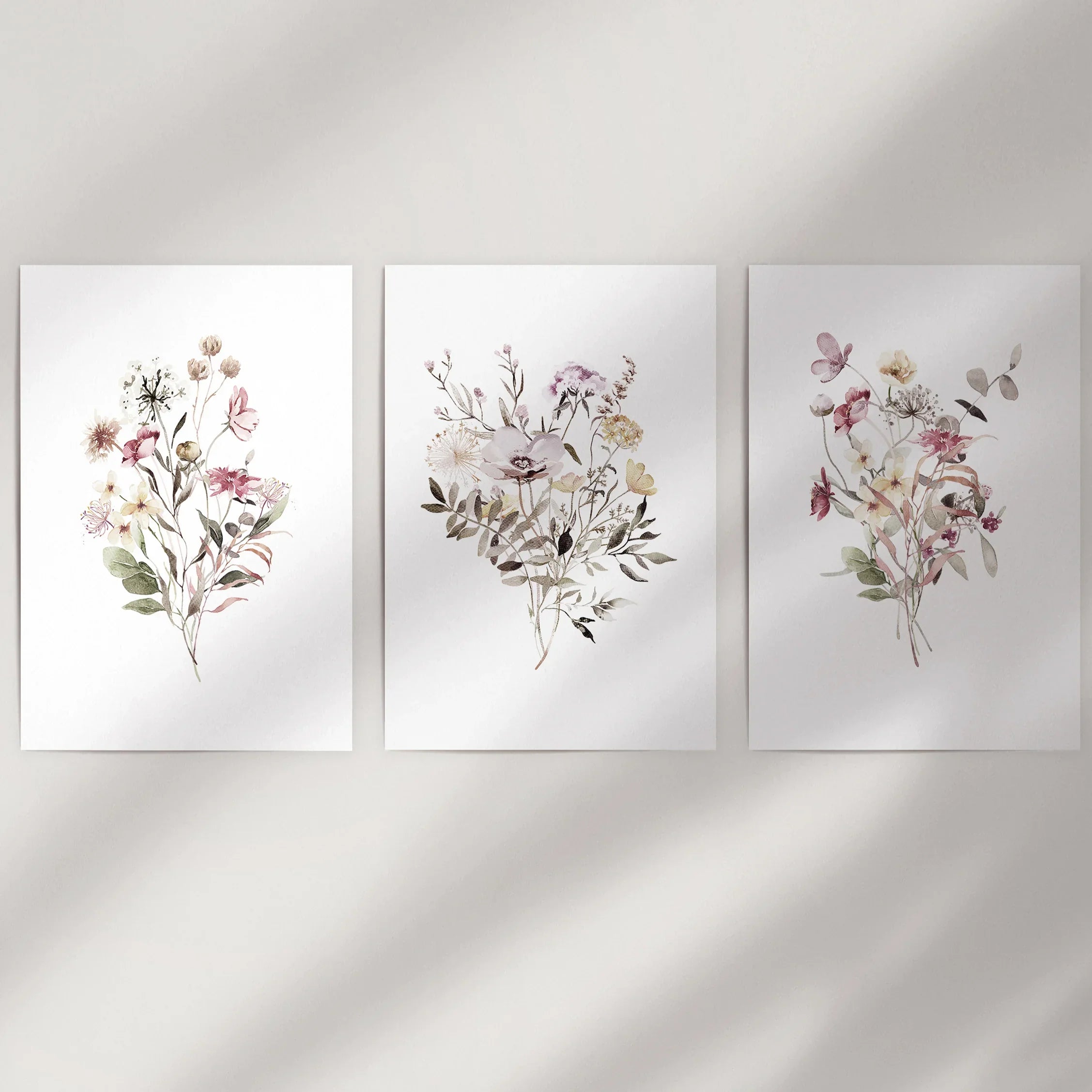 Floral Art Set of 3. Watercolor Wildflower Bouquet Prints