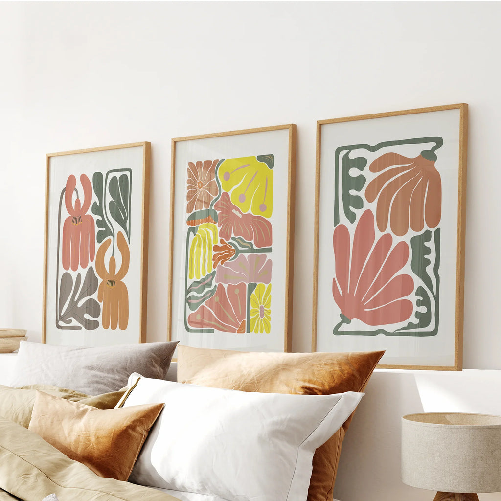 Boho Chic Botanical Decor. Set of 3 Abstract Flowers Prints