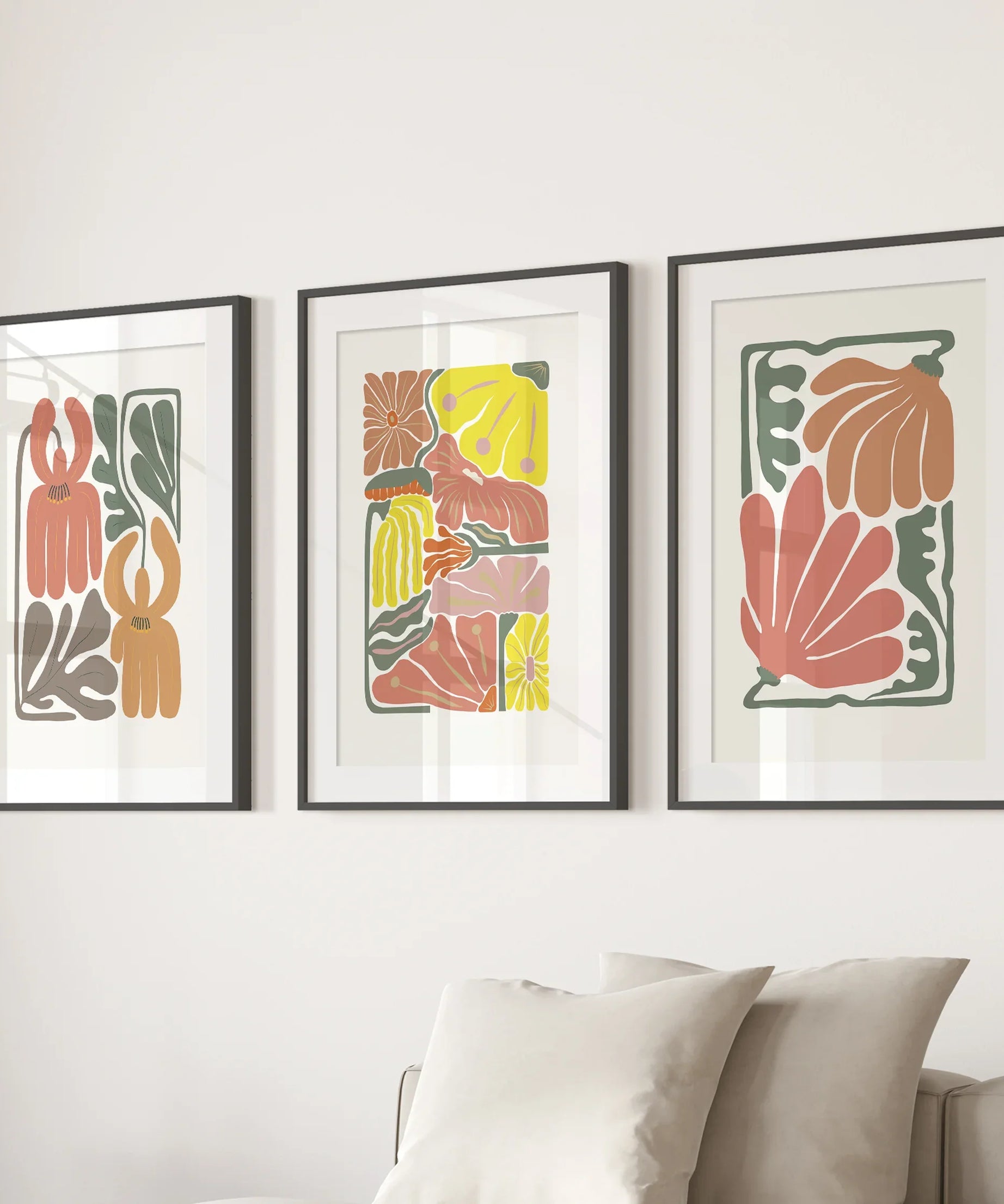Boho Chic Botanical Decor. Set of 3 Abstract Flowers Prints