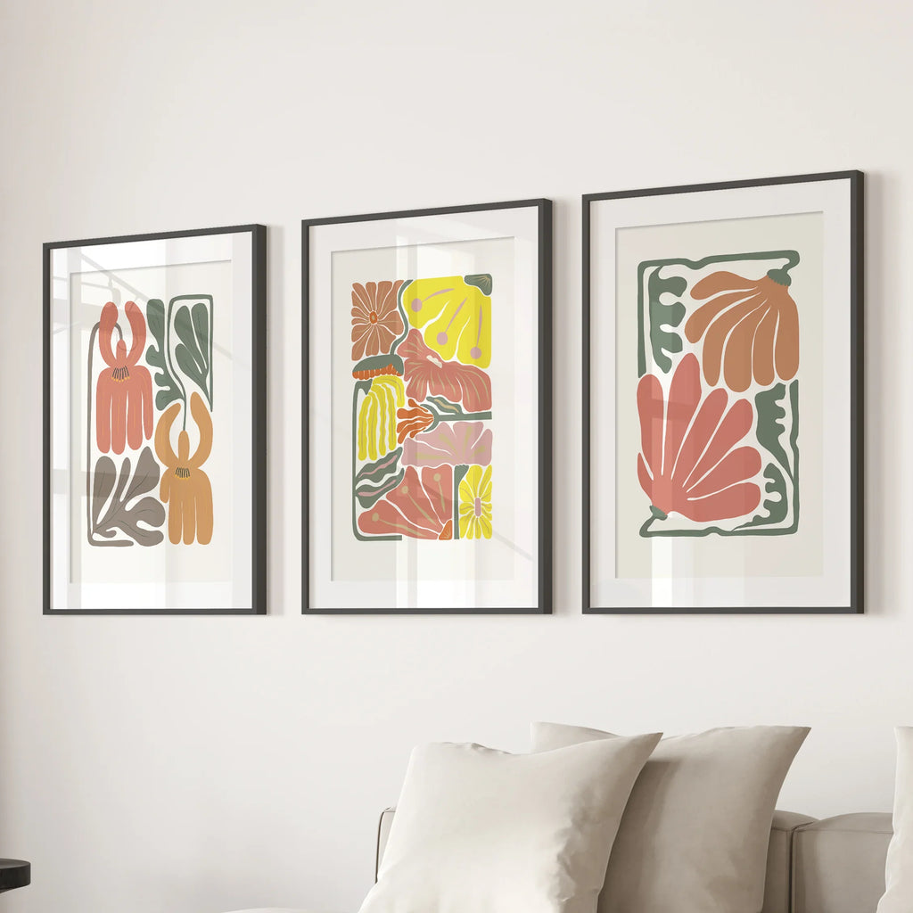 Boho Chic Botanical Decor. Set of 3 Abstract Flowers Prints